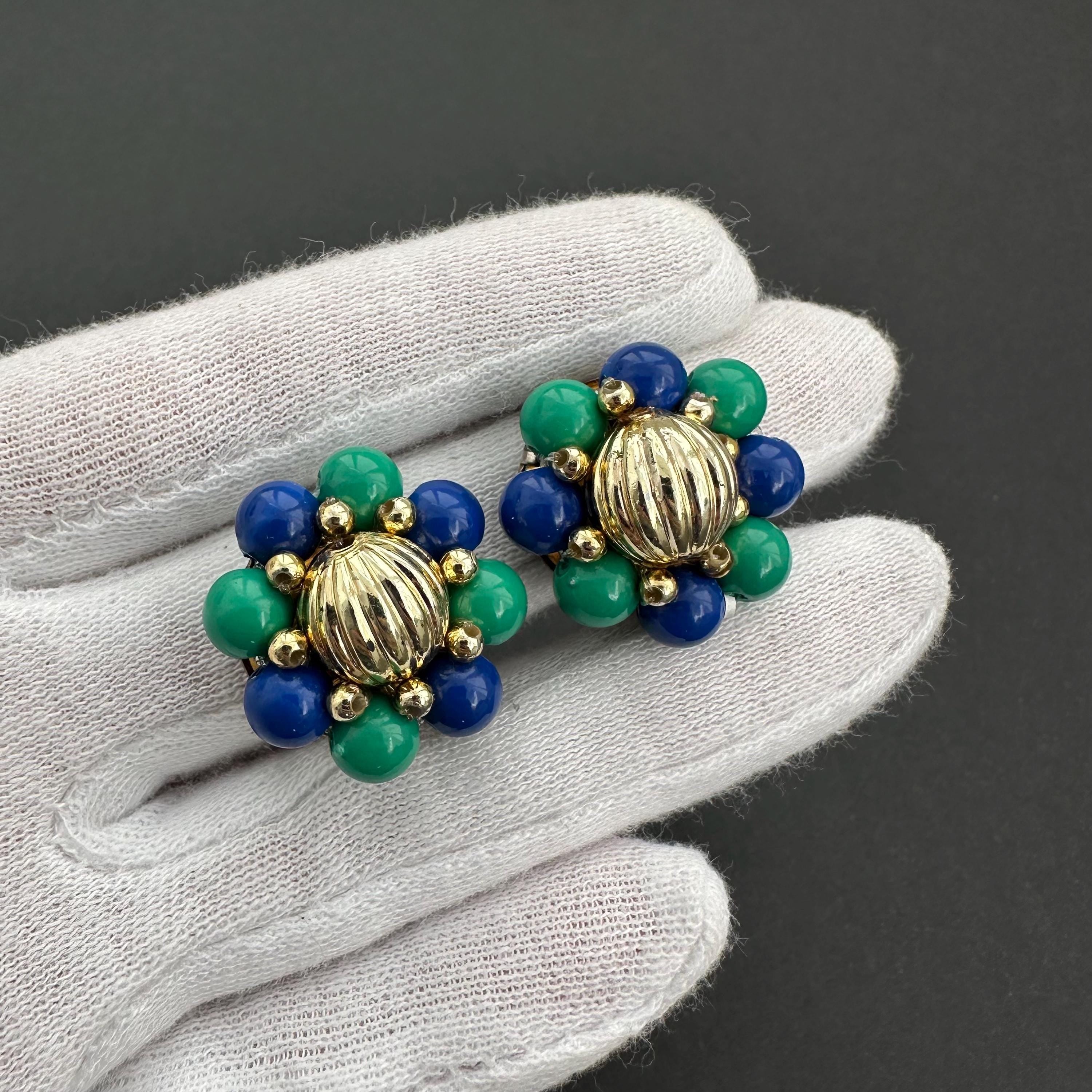 Vintage blue & green bead flower clip-on earrings