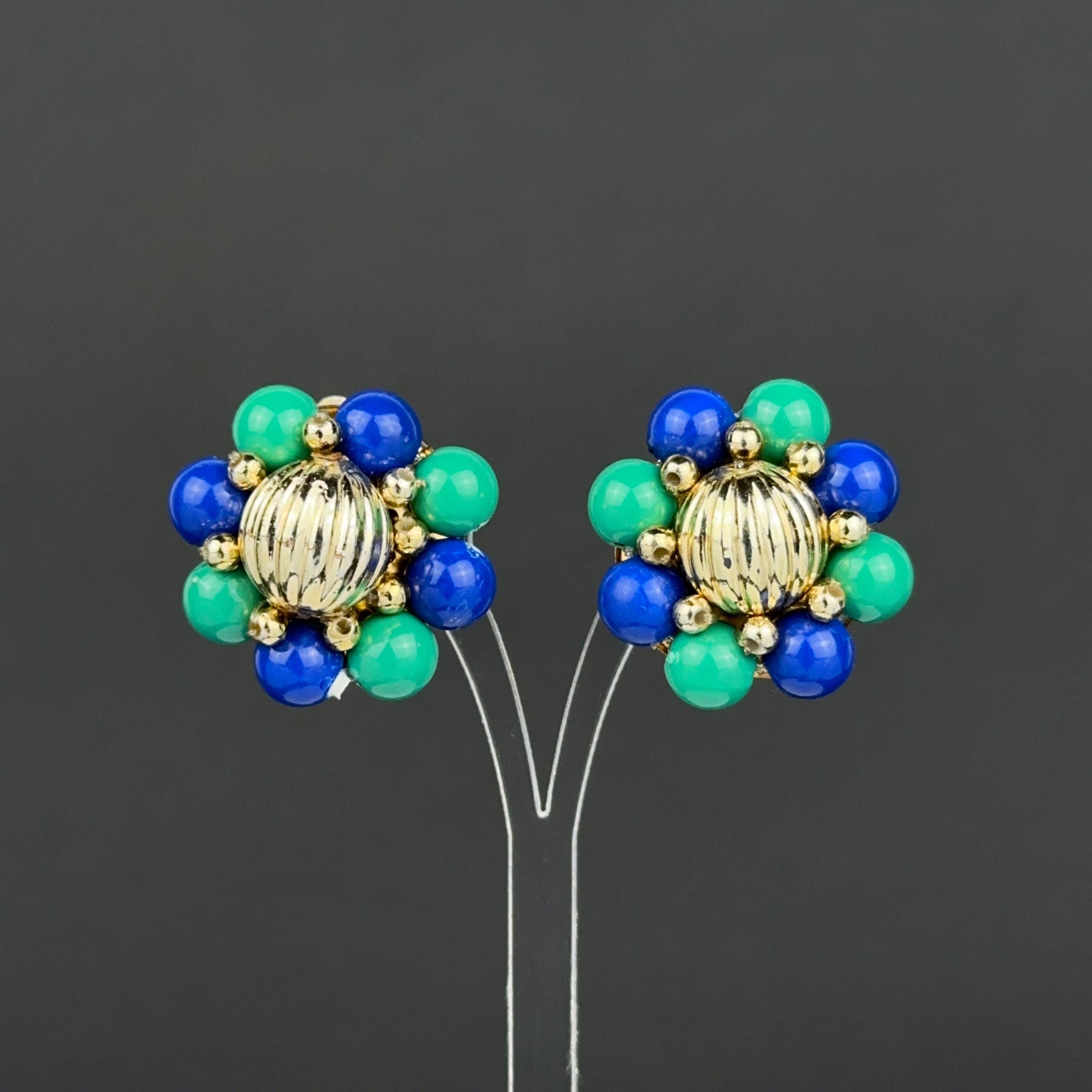 Vintage blue & green bead flower clip-on earrings
