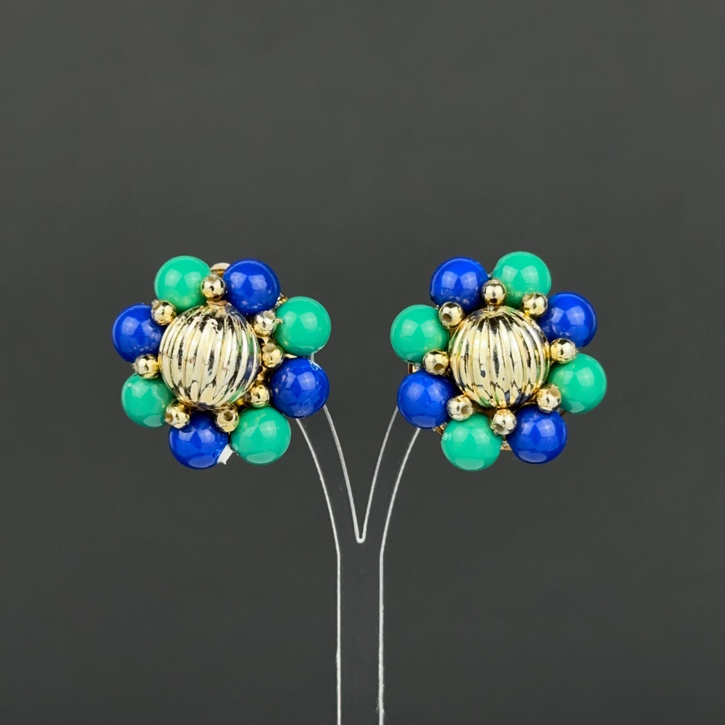 Vintage blue & green bead flower clip-on earrings