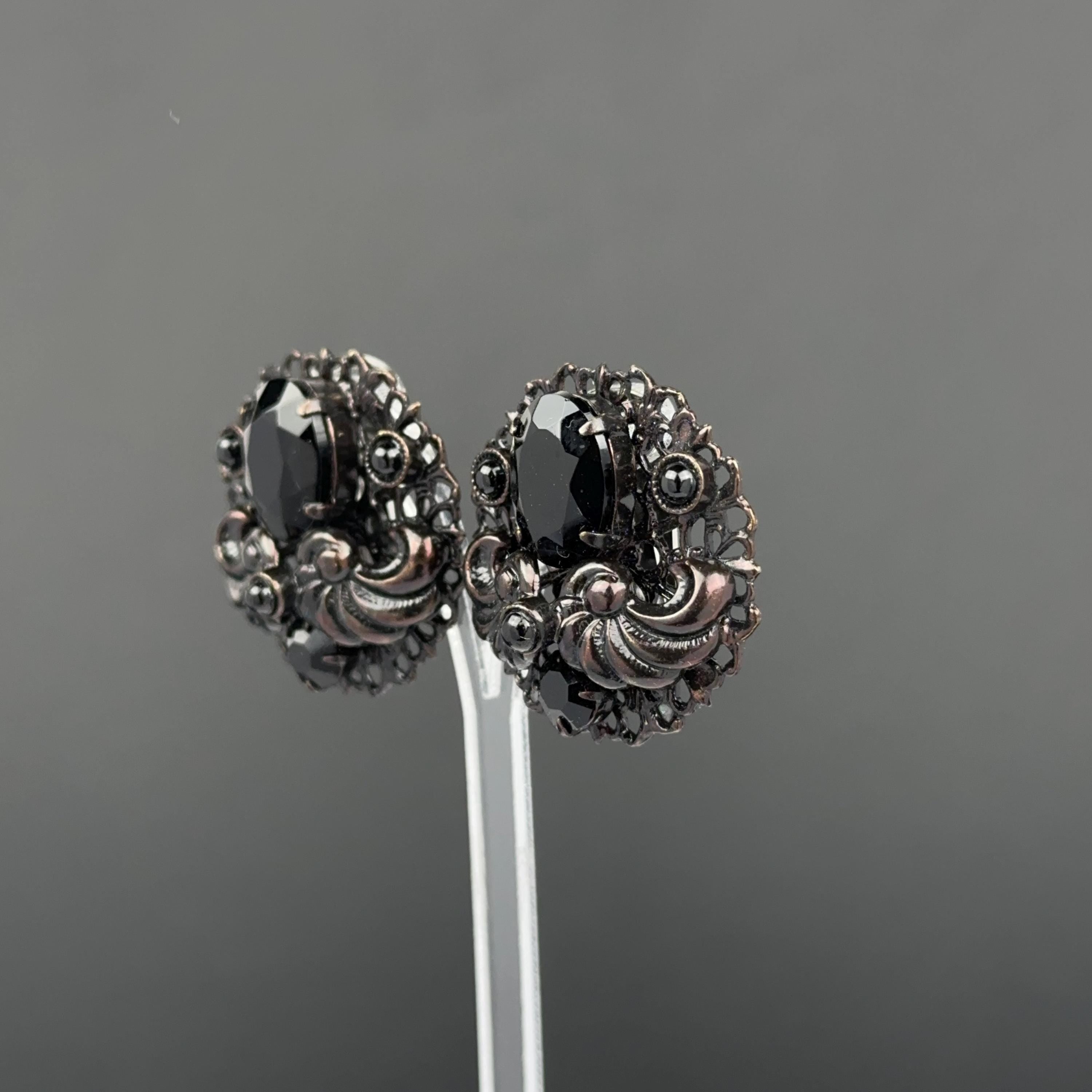 Vintage black filigree clip on earrings