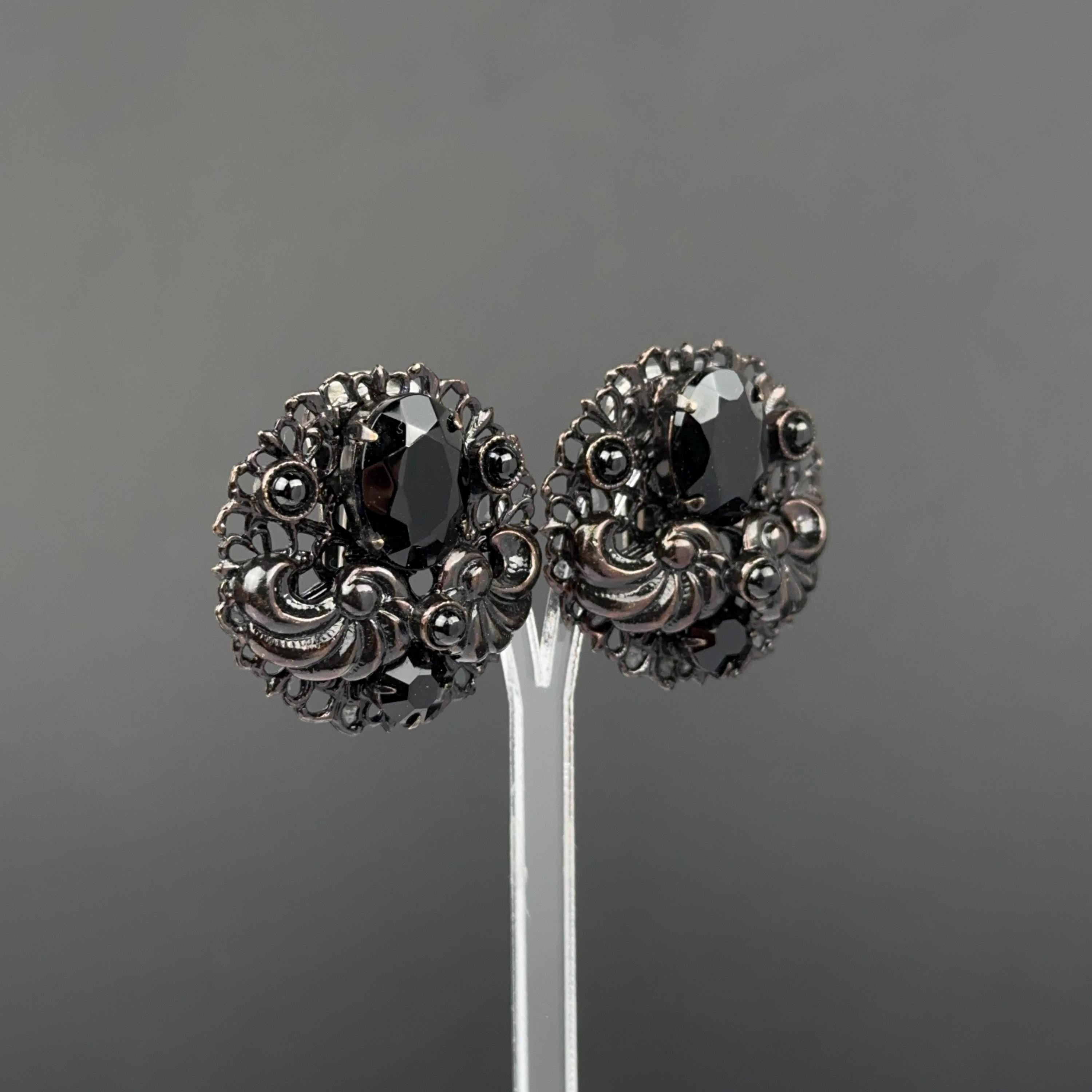 Vintage black filigree clip on earrings