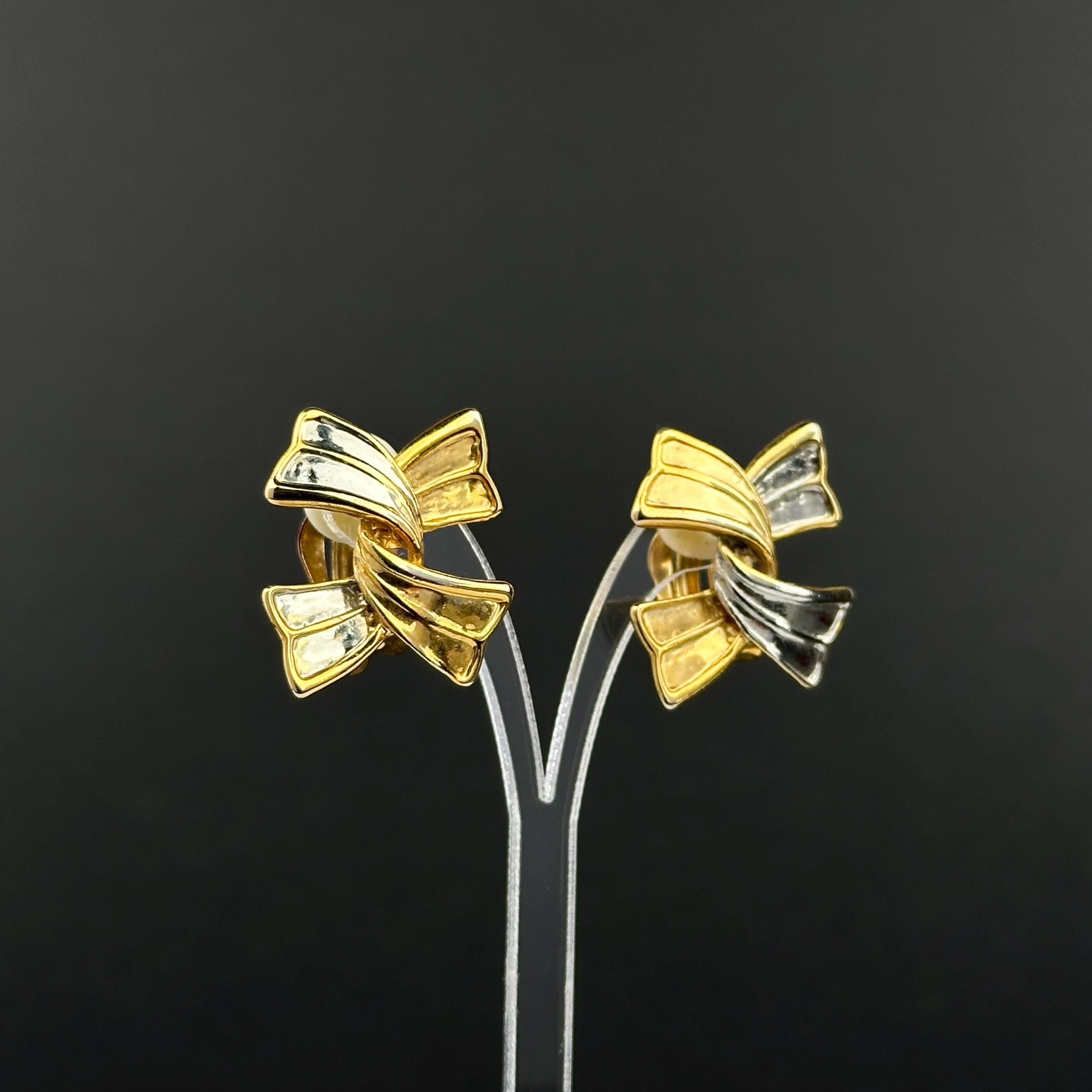 Vintage two-tone bow clip on earrings