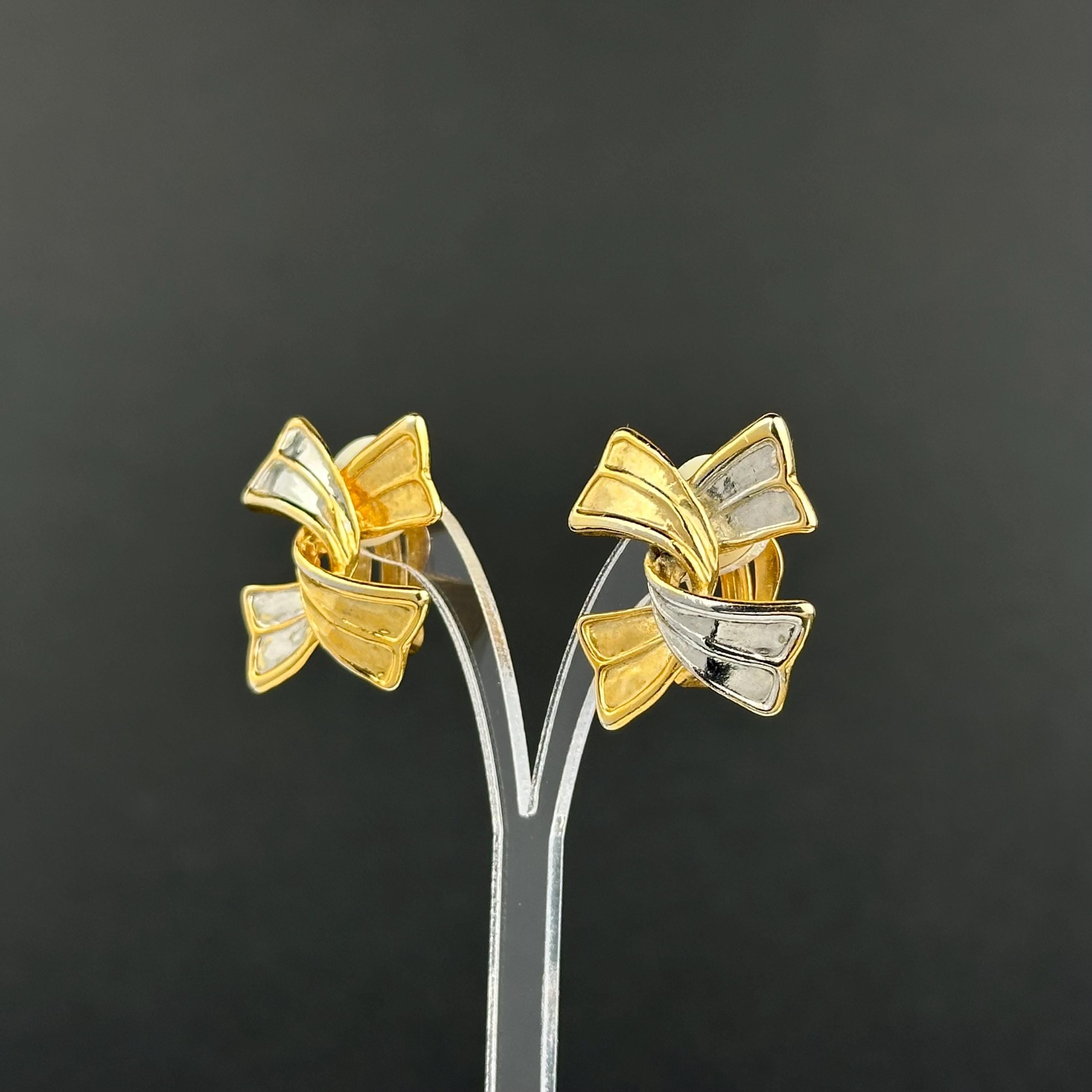 Vintage two-tone bow clip on earrings