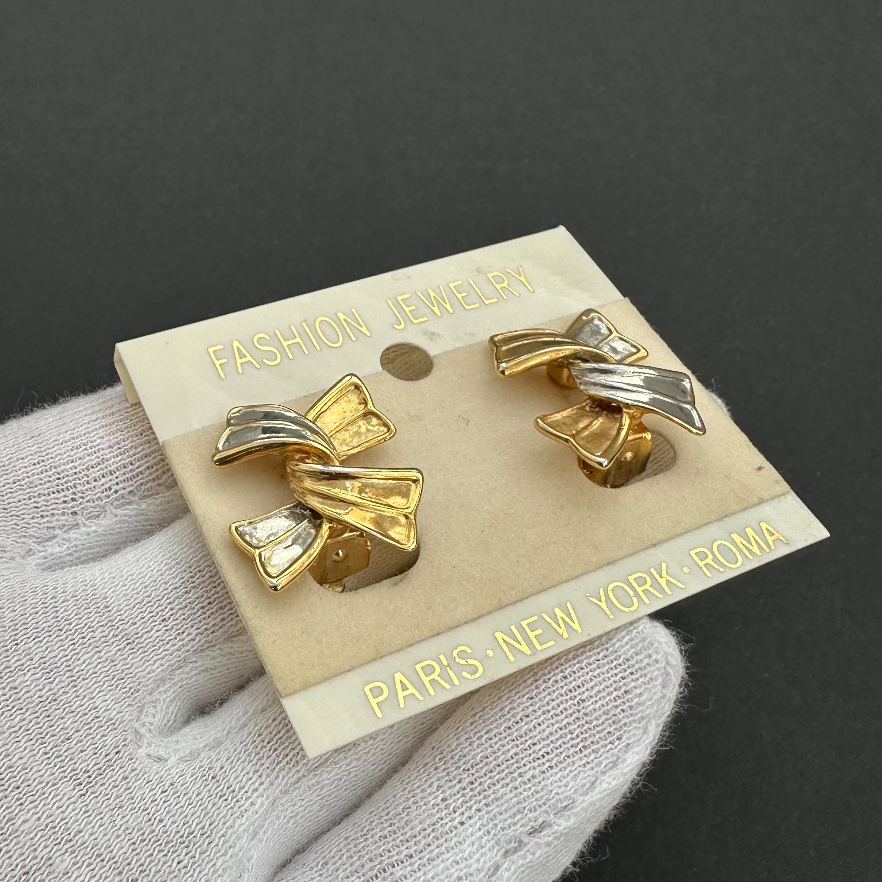 Vintage two-tone bow clip on earrings