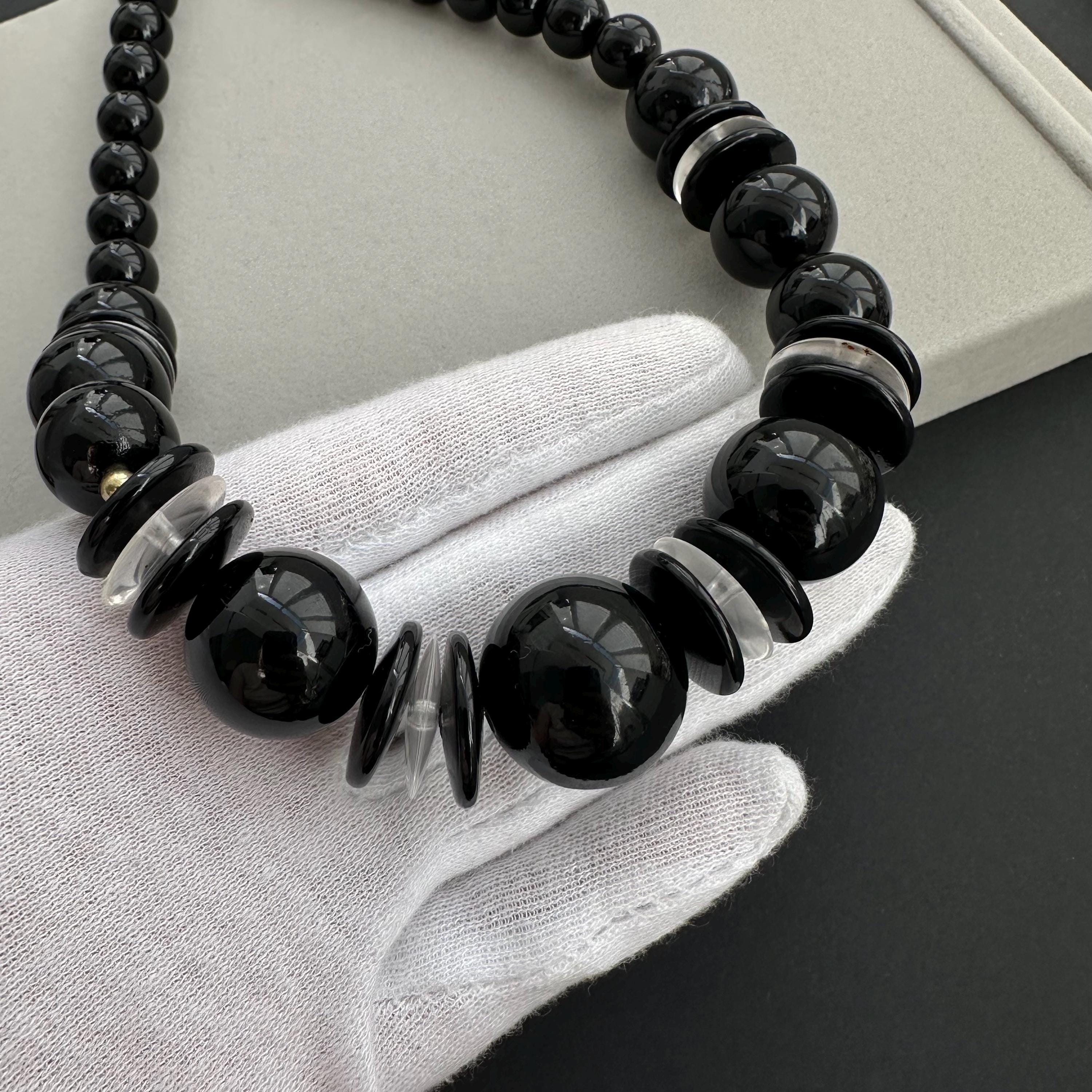 Vintage black plastic bead statement necklace