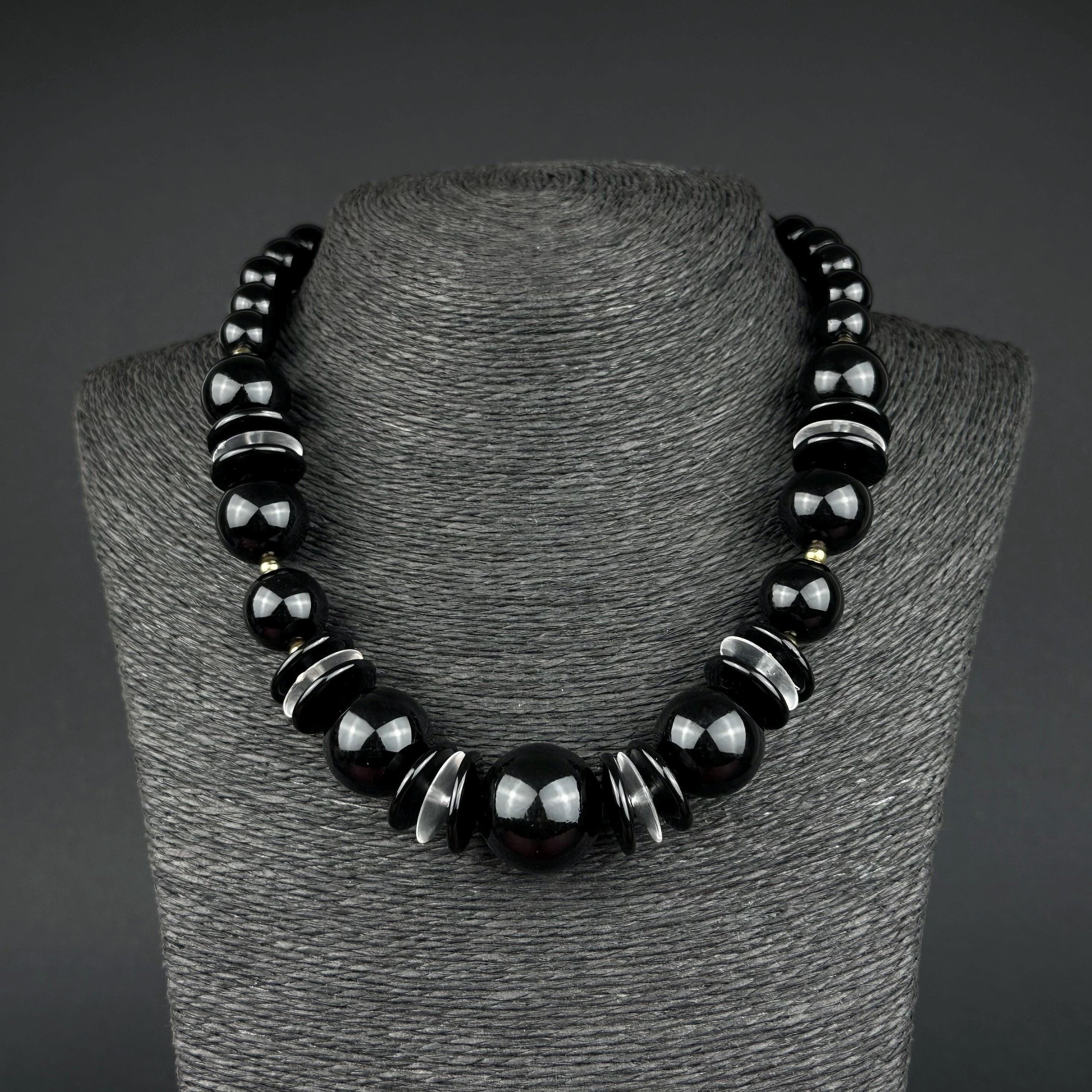 Vintage black plastic bead statement necklace