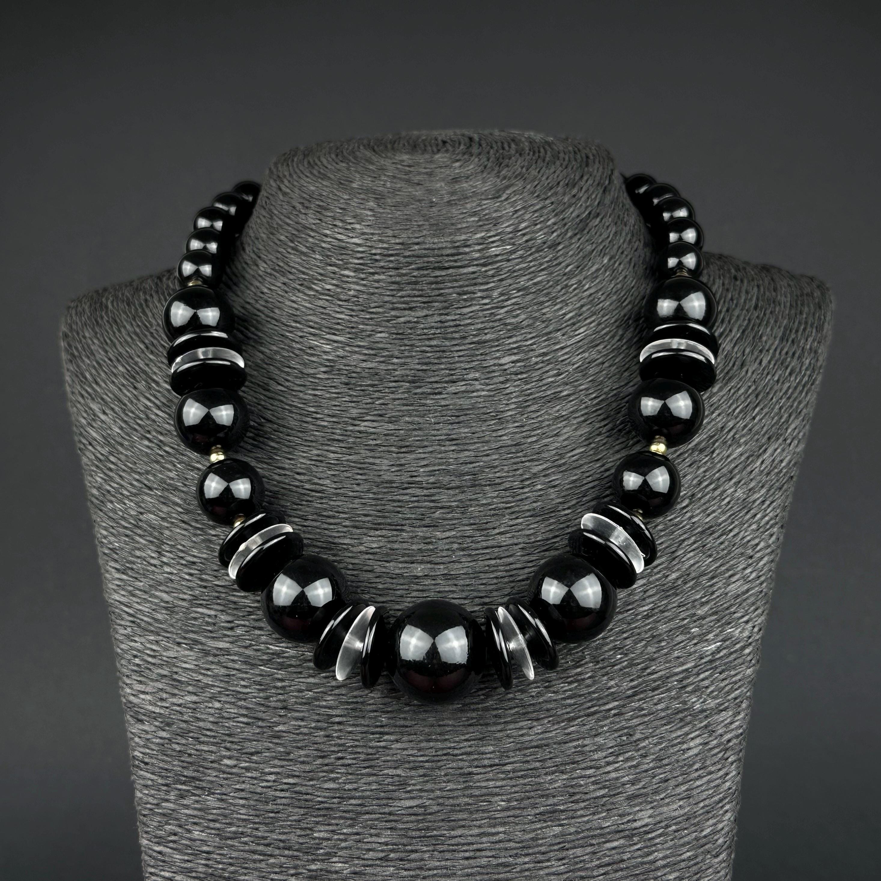 Vintage black plastic bead statement necklace