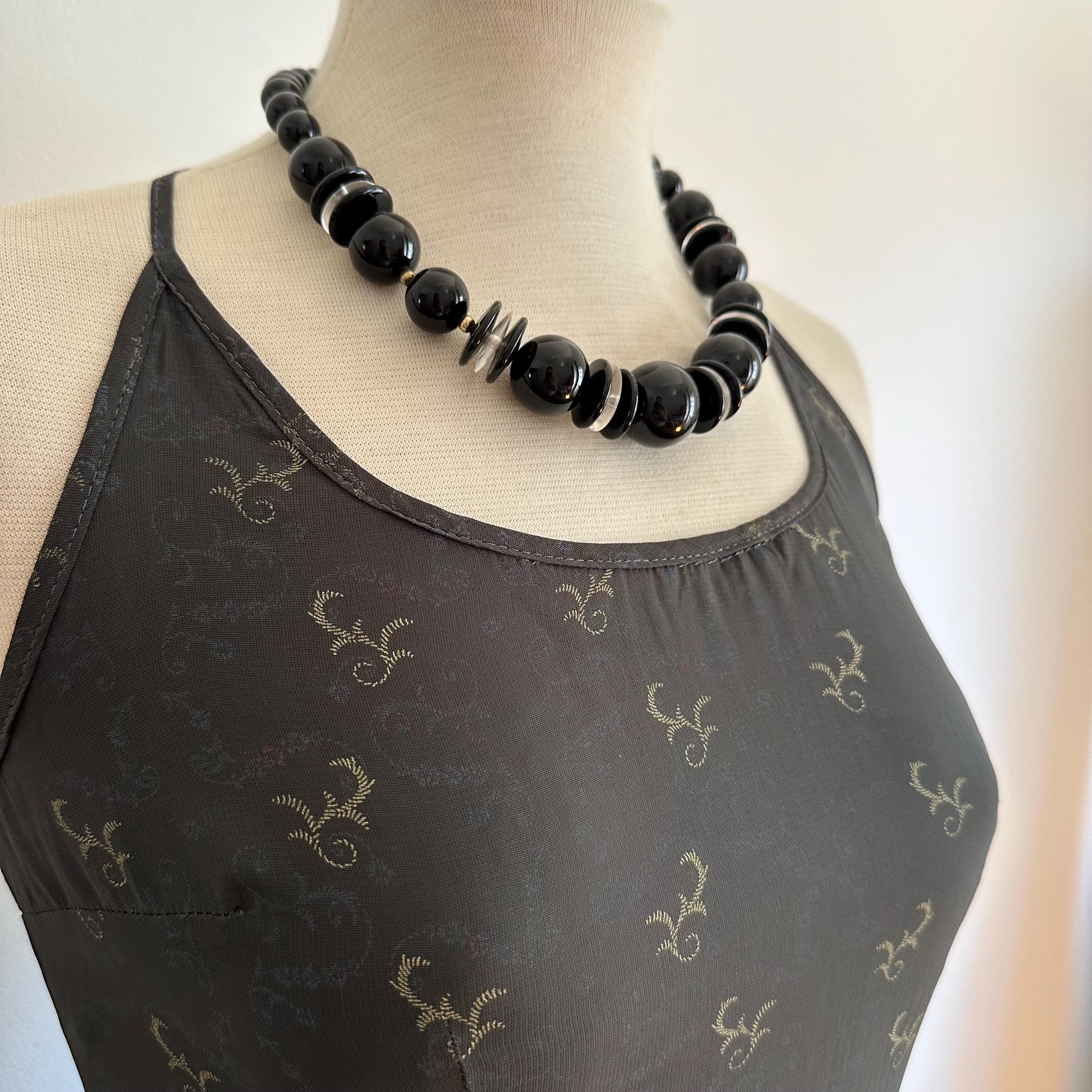 Vintage black plastic bead statement necklace