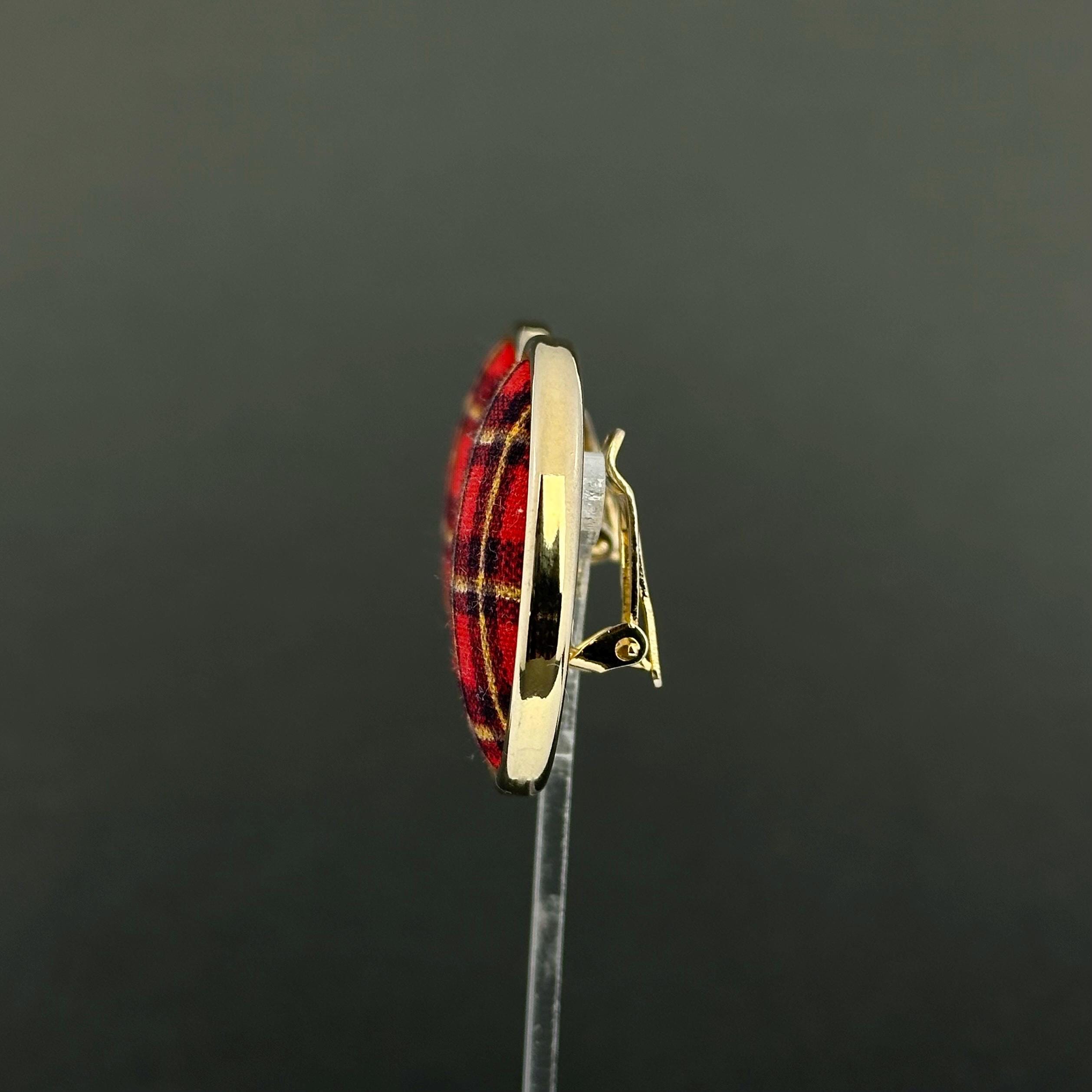 Vintage gold tone and red tartan statement clip-on earrings
