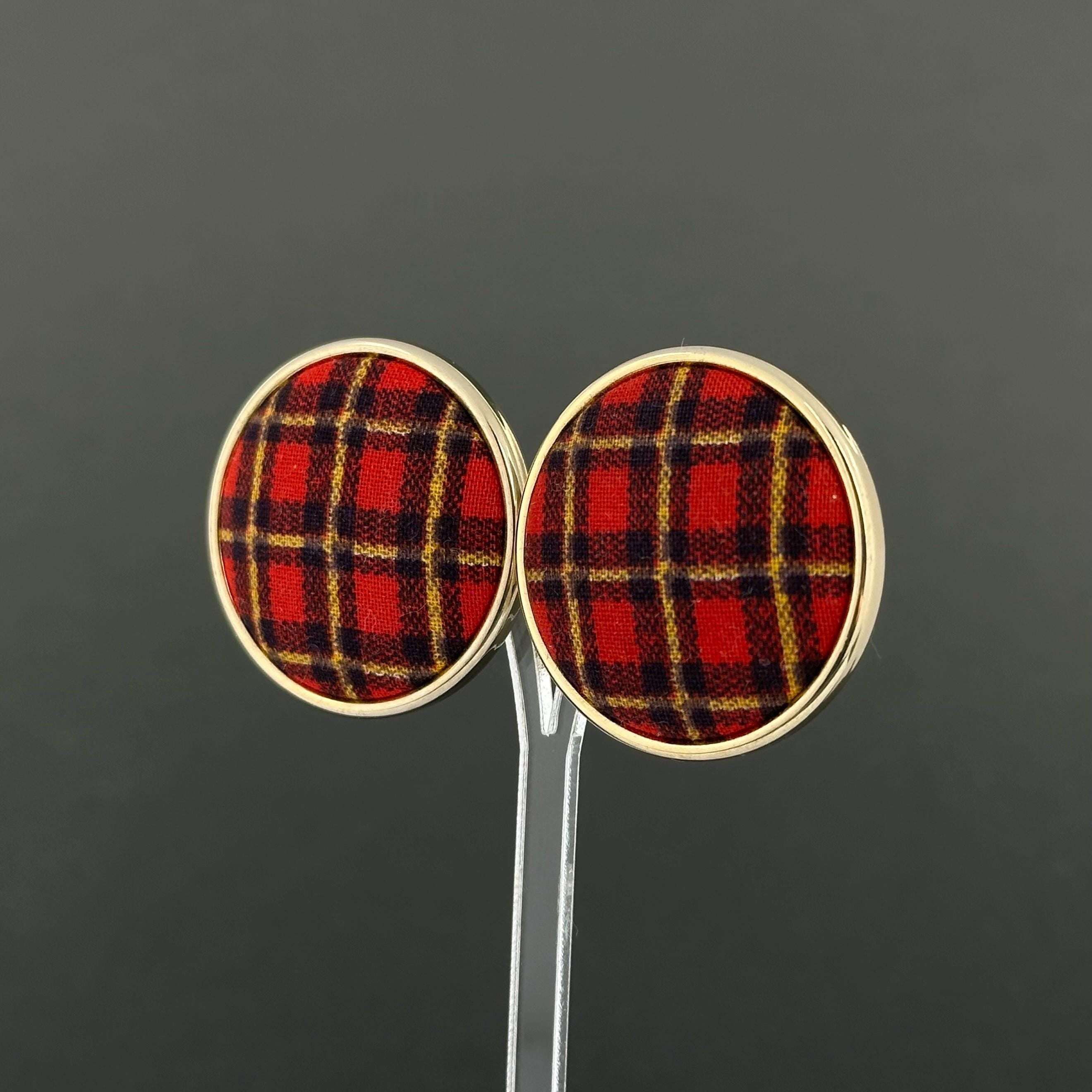 Vintage gold tone and red tartan statement clip-on earrings
