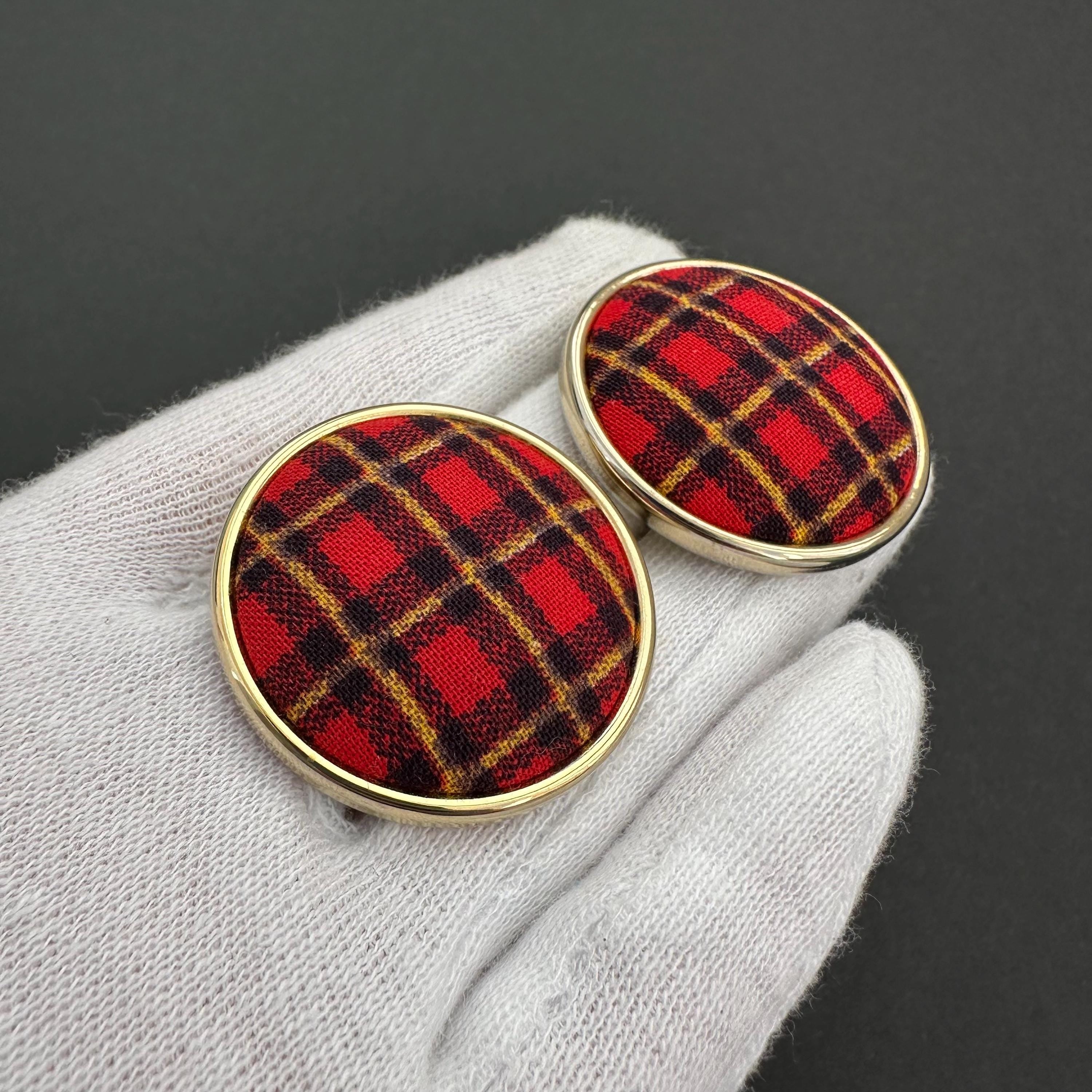 Vintage gold tone and red tartan statement clip-on earrings
