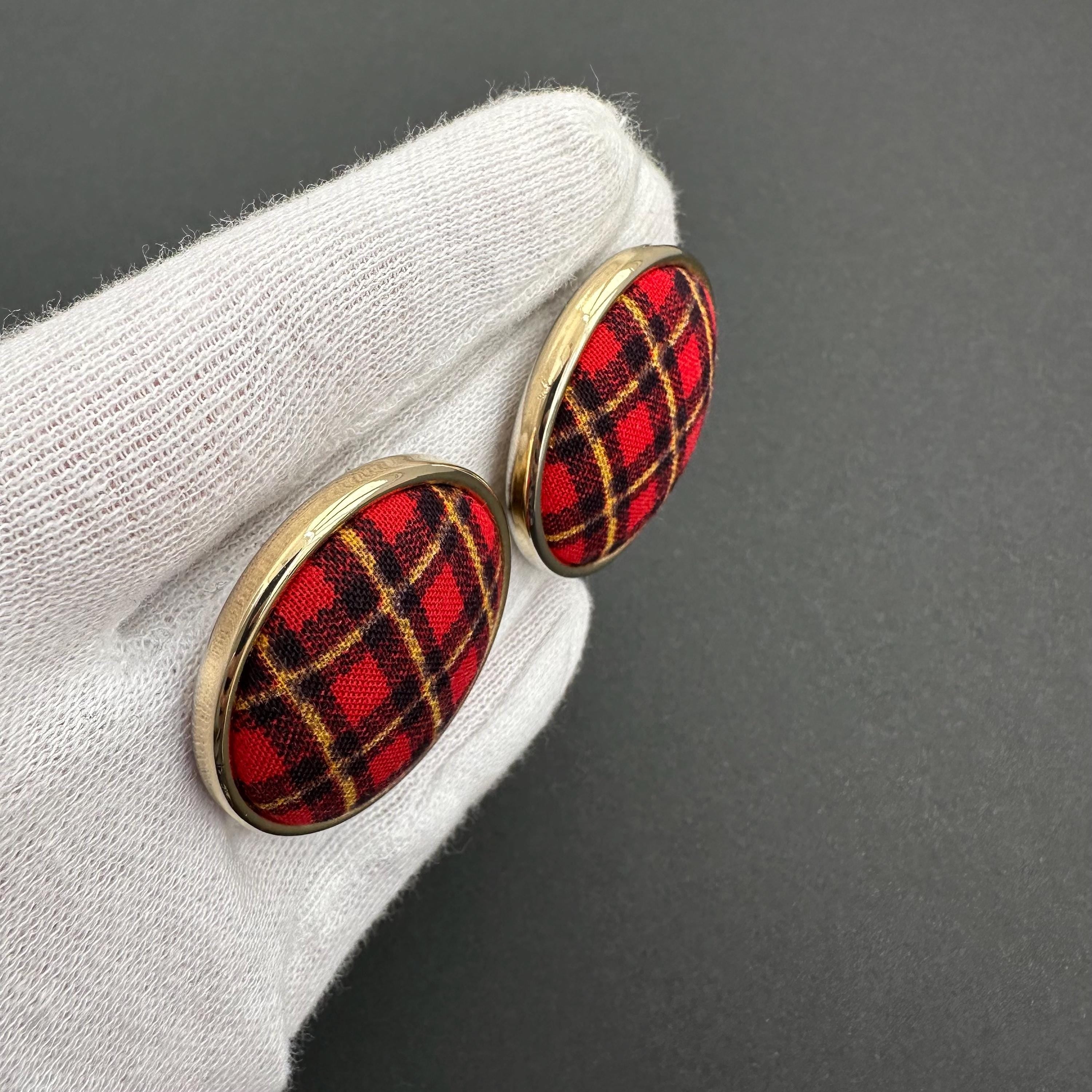 Vintage gold tone and red tartan statement clip-on earrings