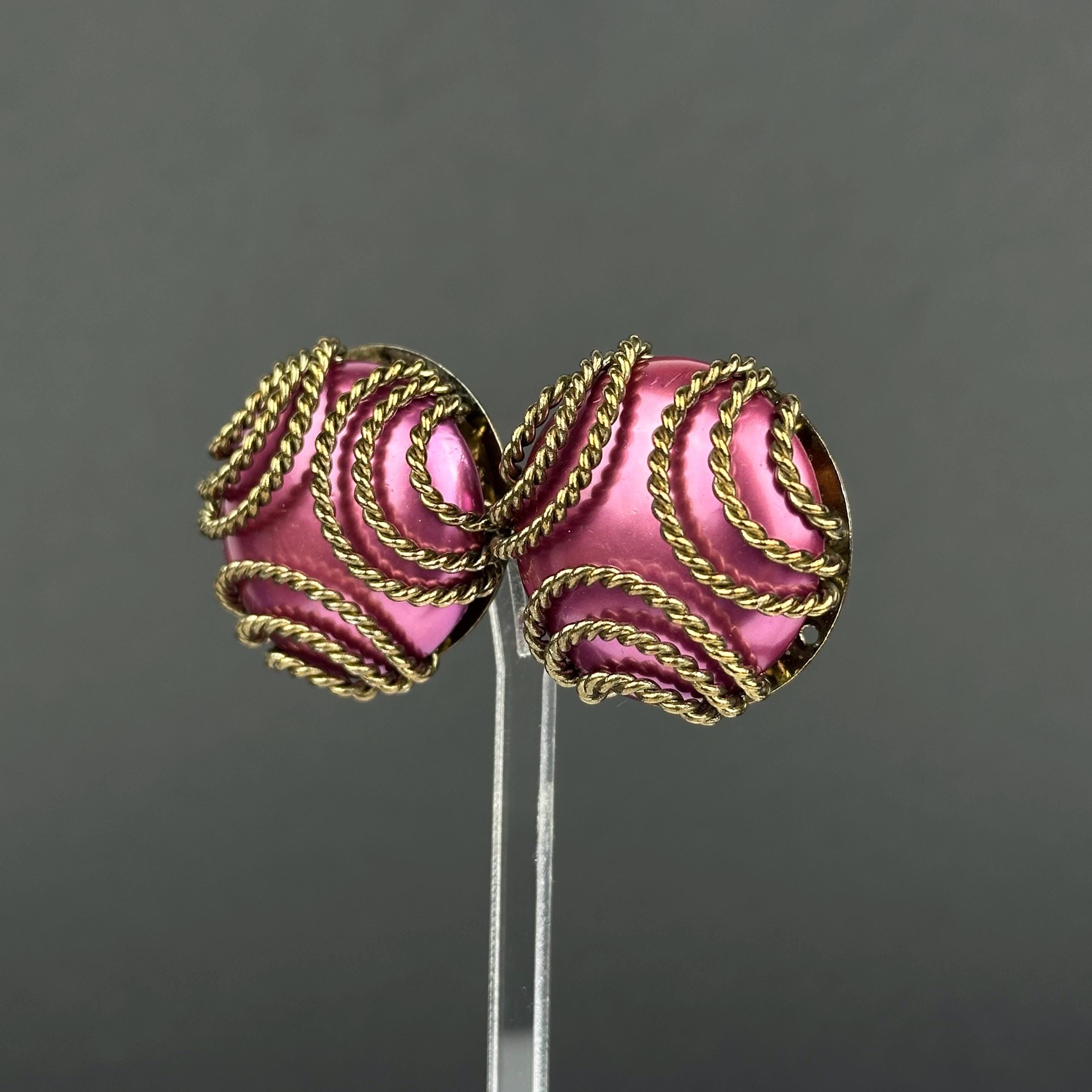 Vintage brass tone and fuchsia pink statement clip-on earrings