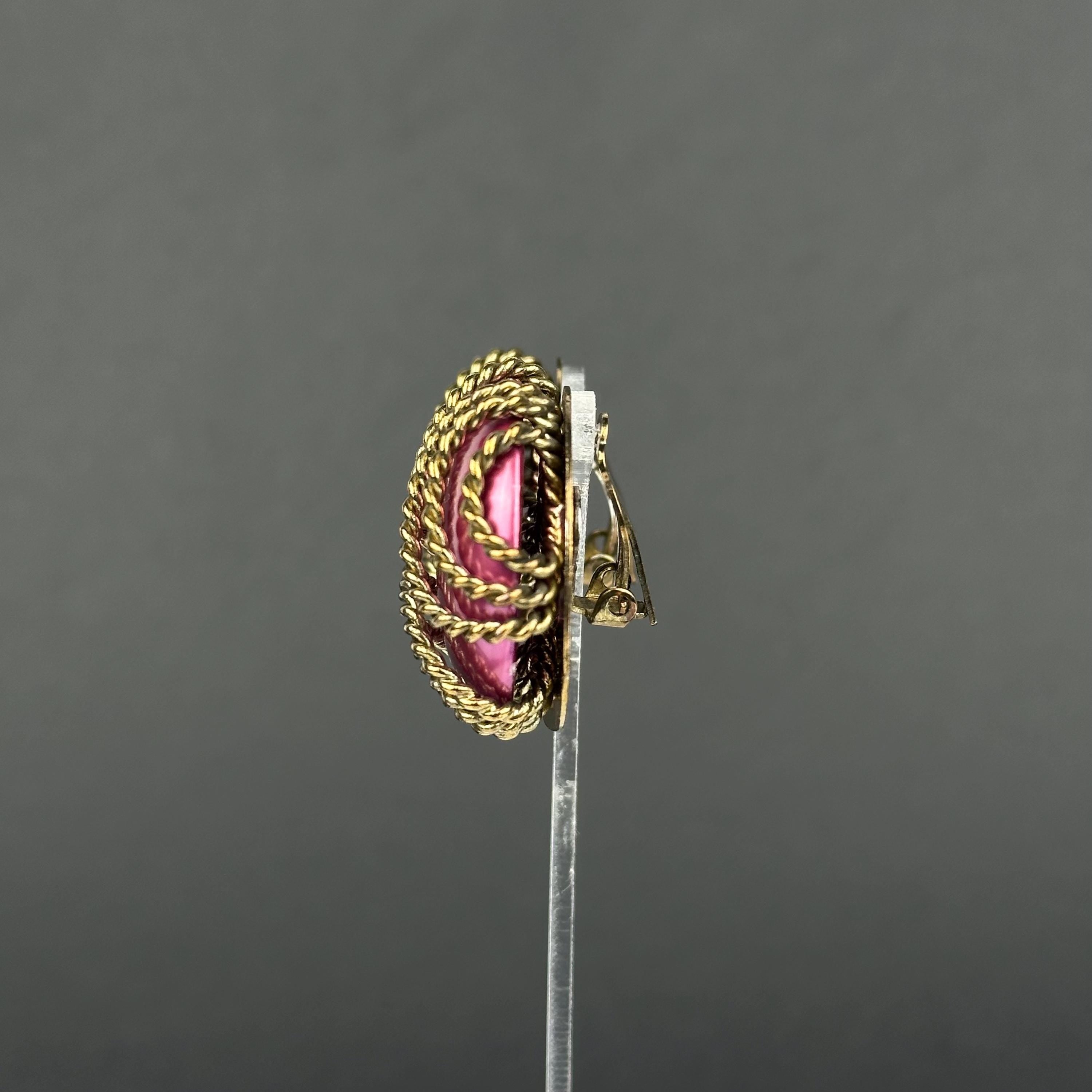 Vintage brass tone and fuchsia pink statement clip-on earrings