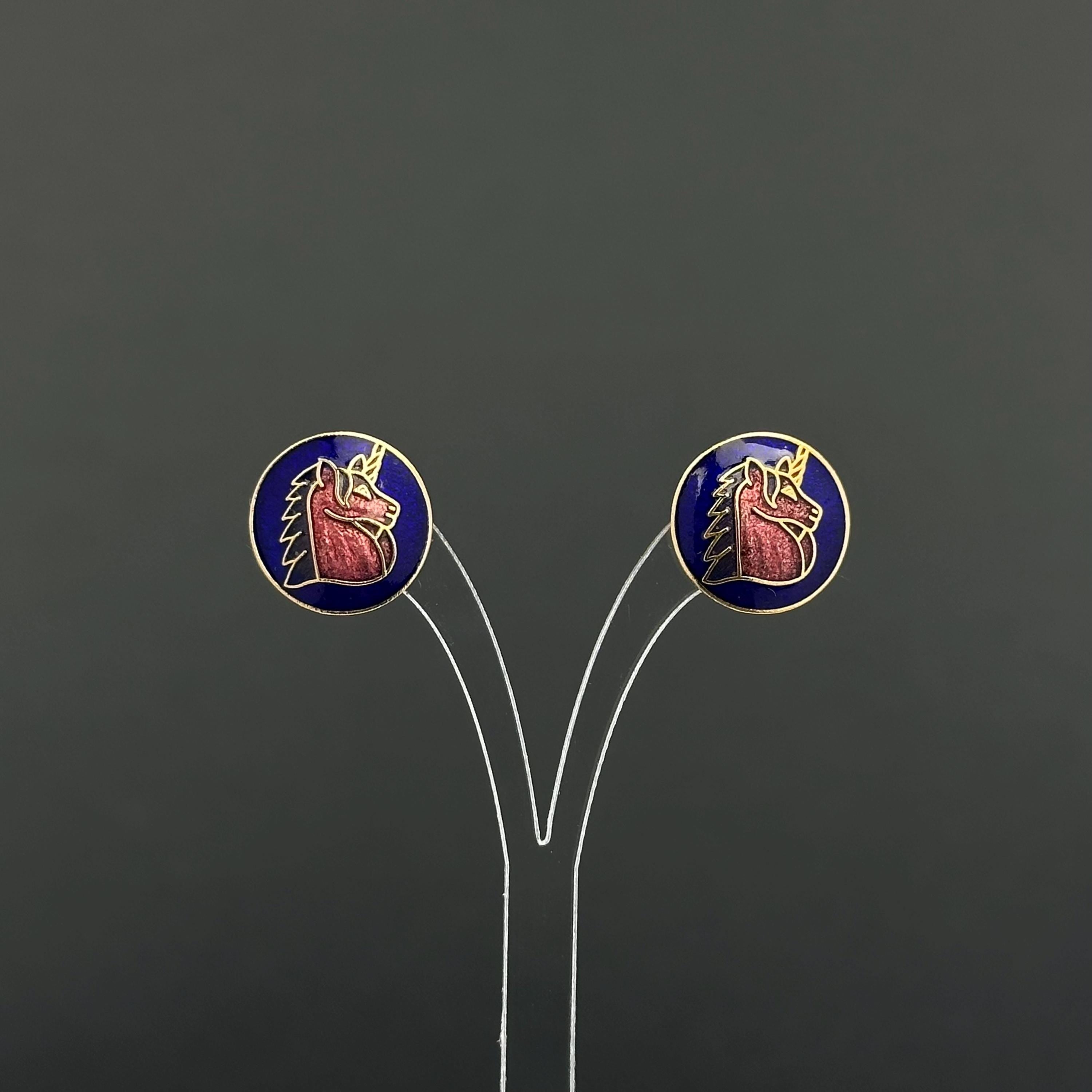 Vintage cloisonné enamel unicorn stud earrings