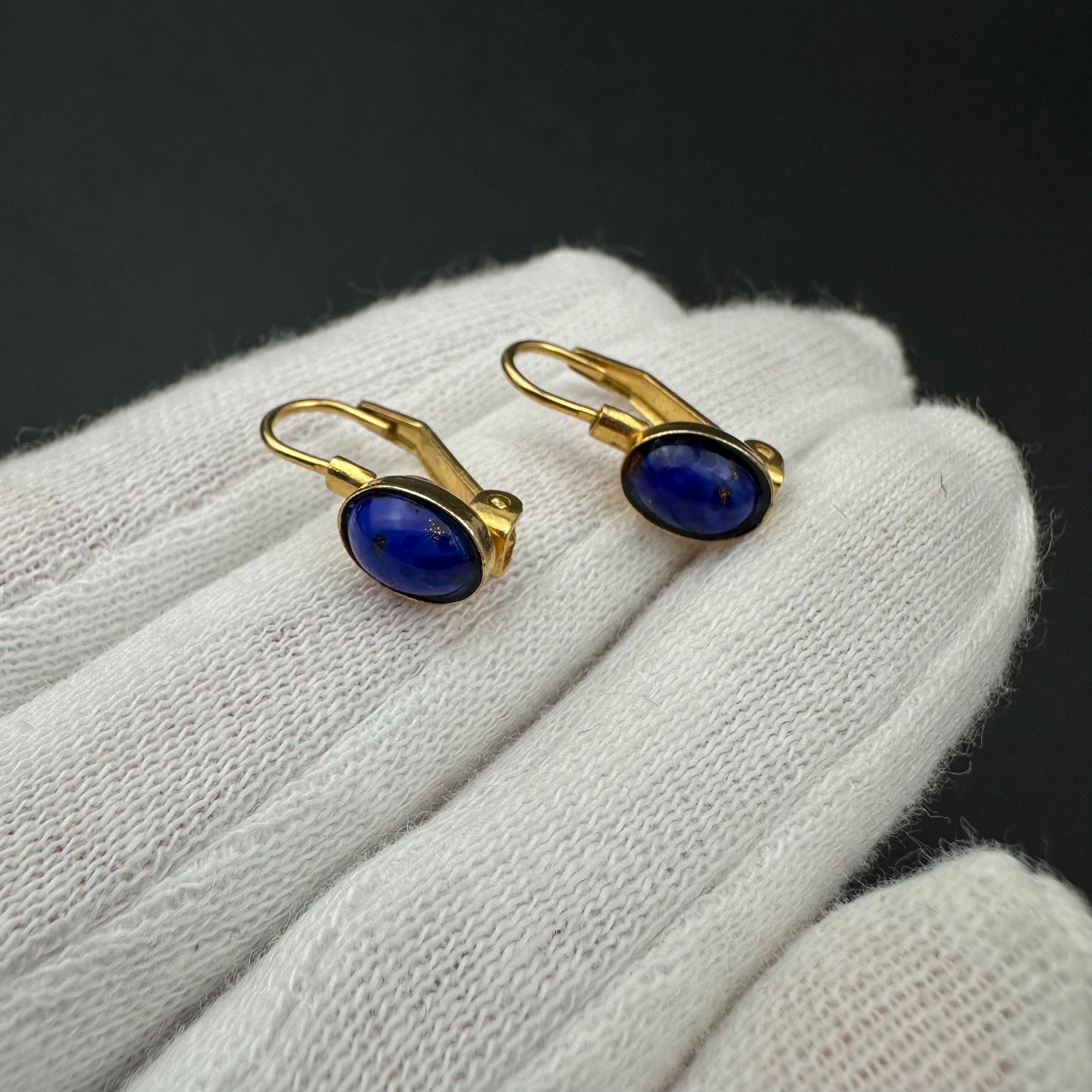 Vintage gold tone and blue cabochons drop earrings