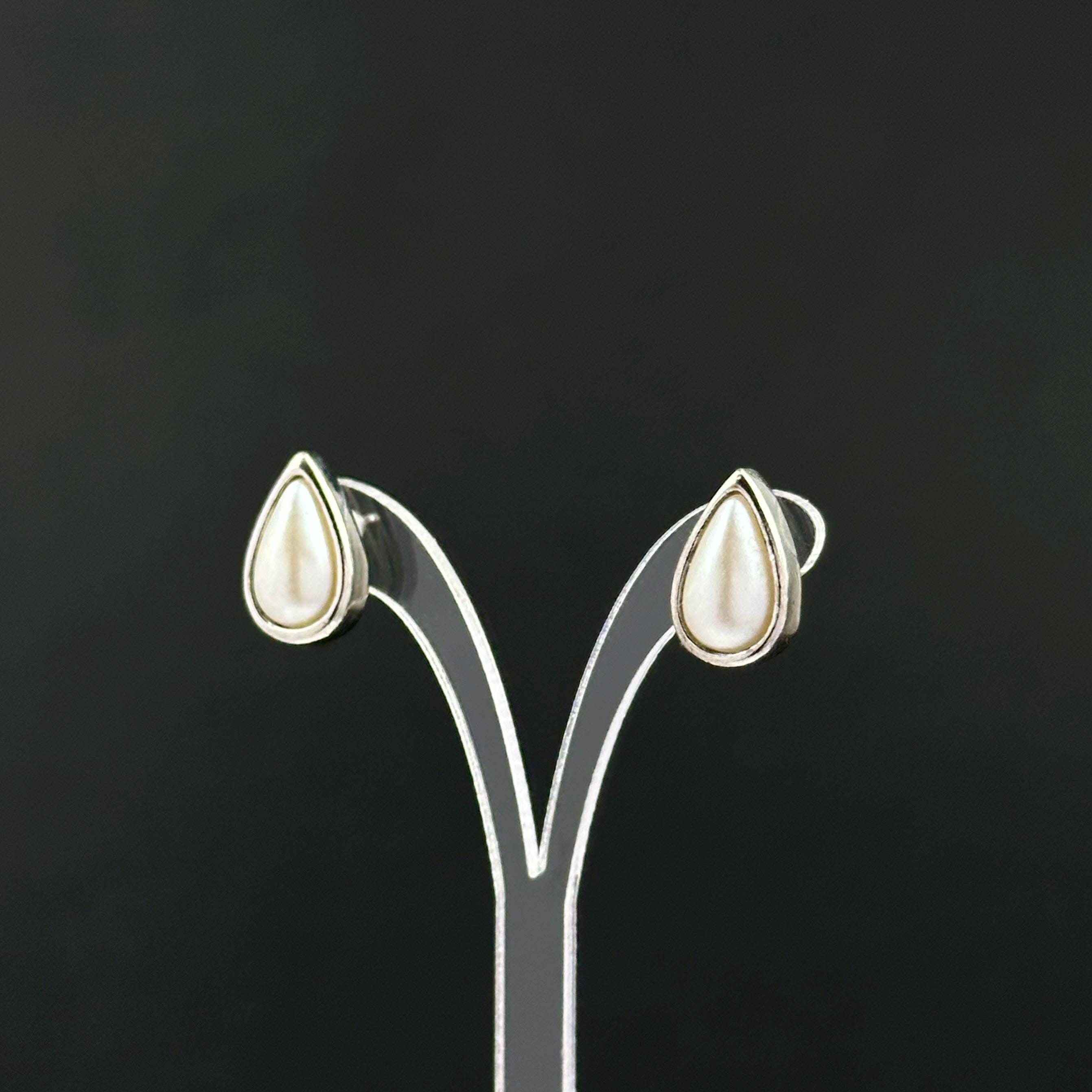 Vintage silver tone and faux pearl teardrop studs earrings
