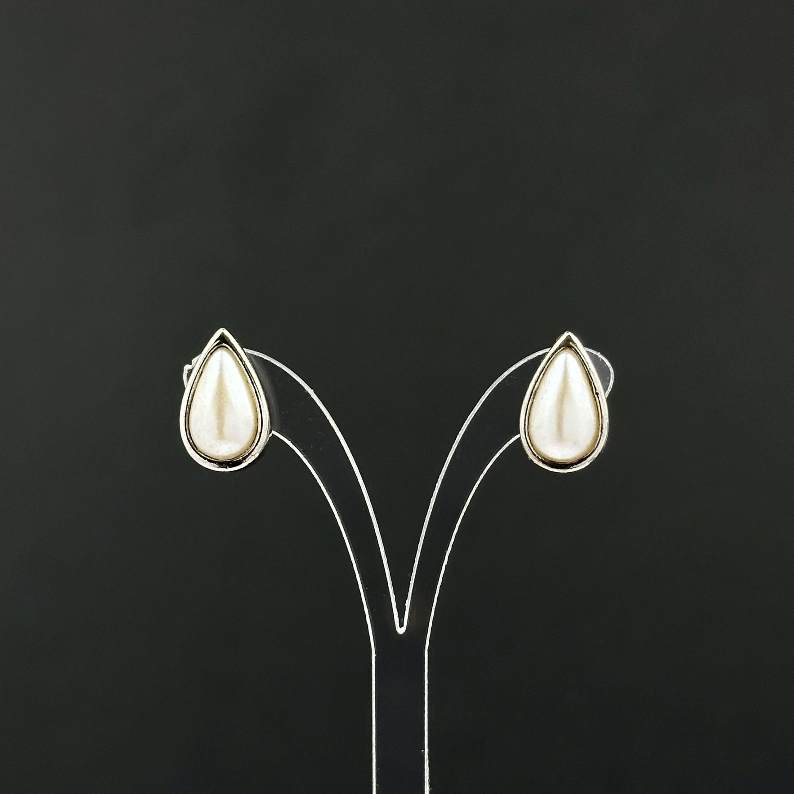 Vintage silver tone and faux pearl teardrop studs earrings