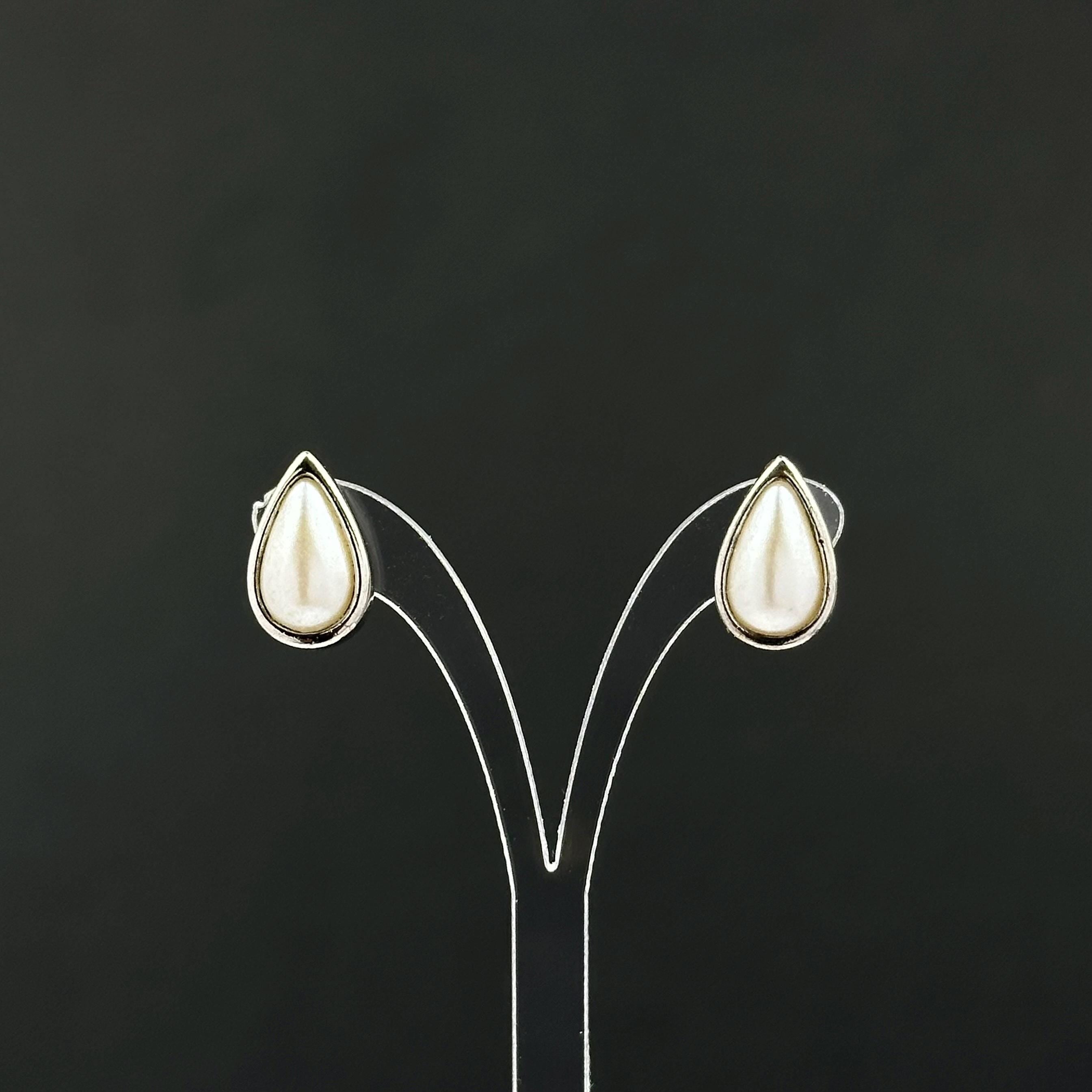 Vintage silver tone and faux pearl teardrop studs earrings