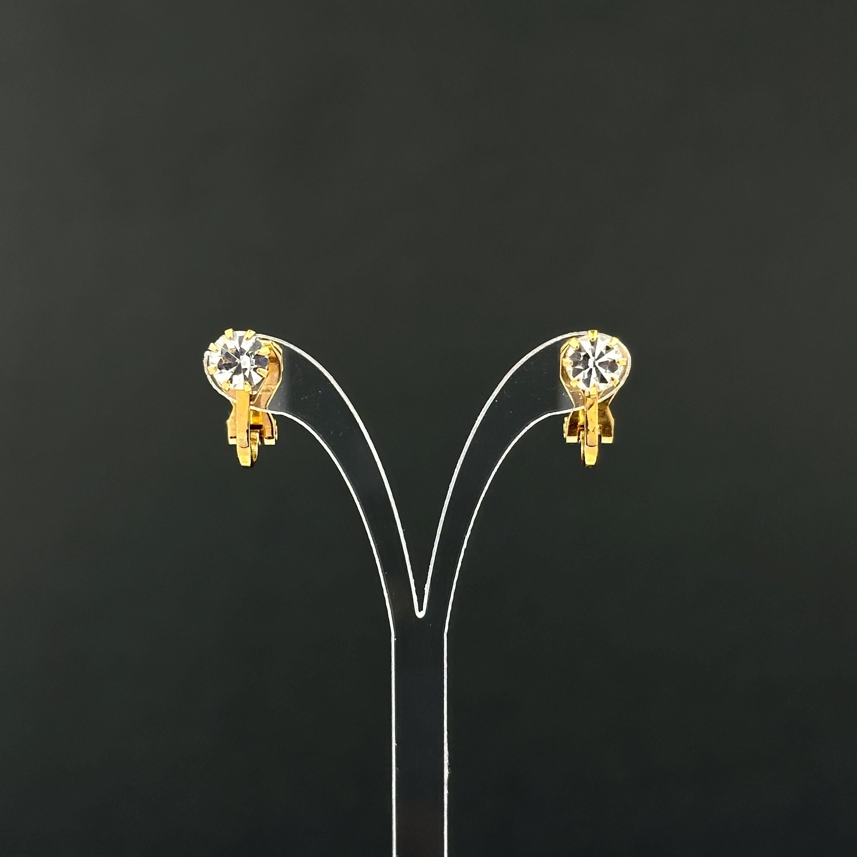 Vintage Rhinestone Clip-on Earrings: Gold Tone Petite Jewelry