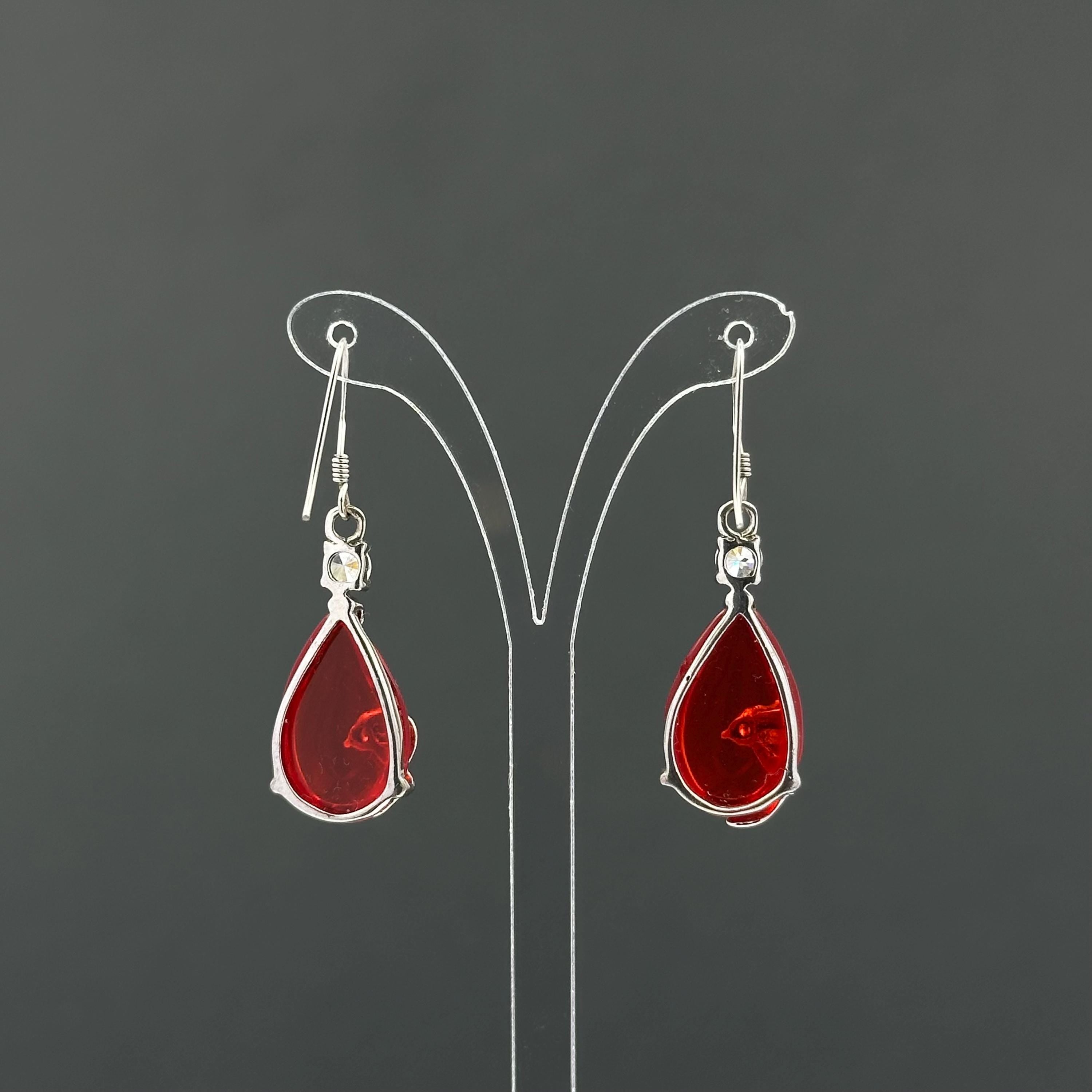 Vintage red teardrop and rhinestone dangle earrings