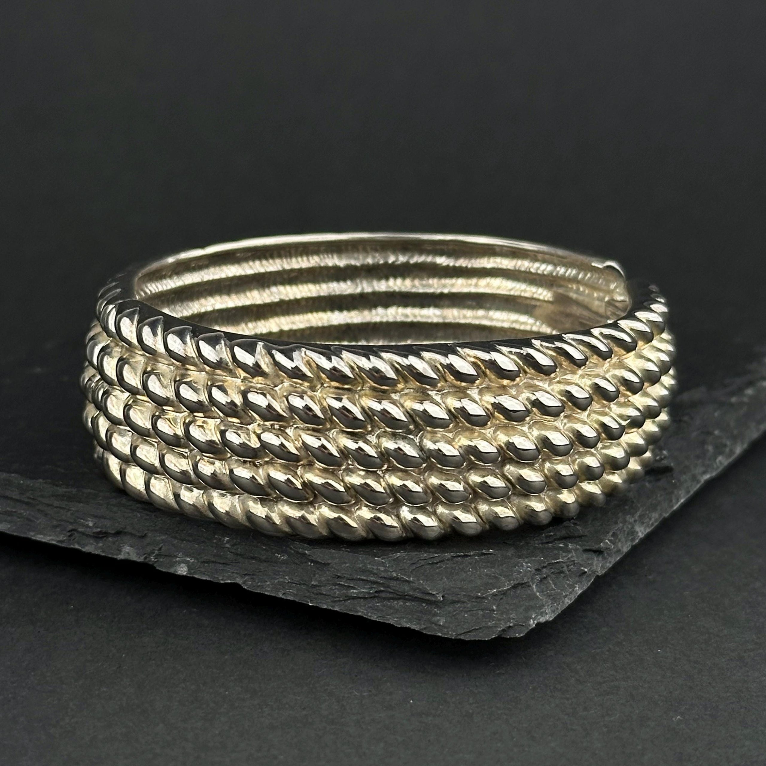 Vintage wide silver-tone textured hinged bangle