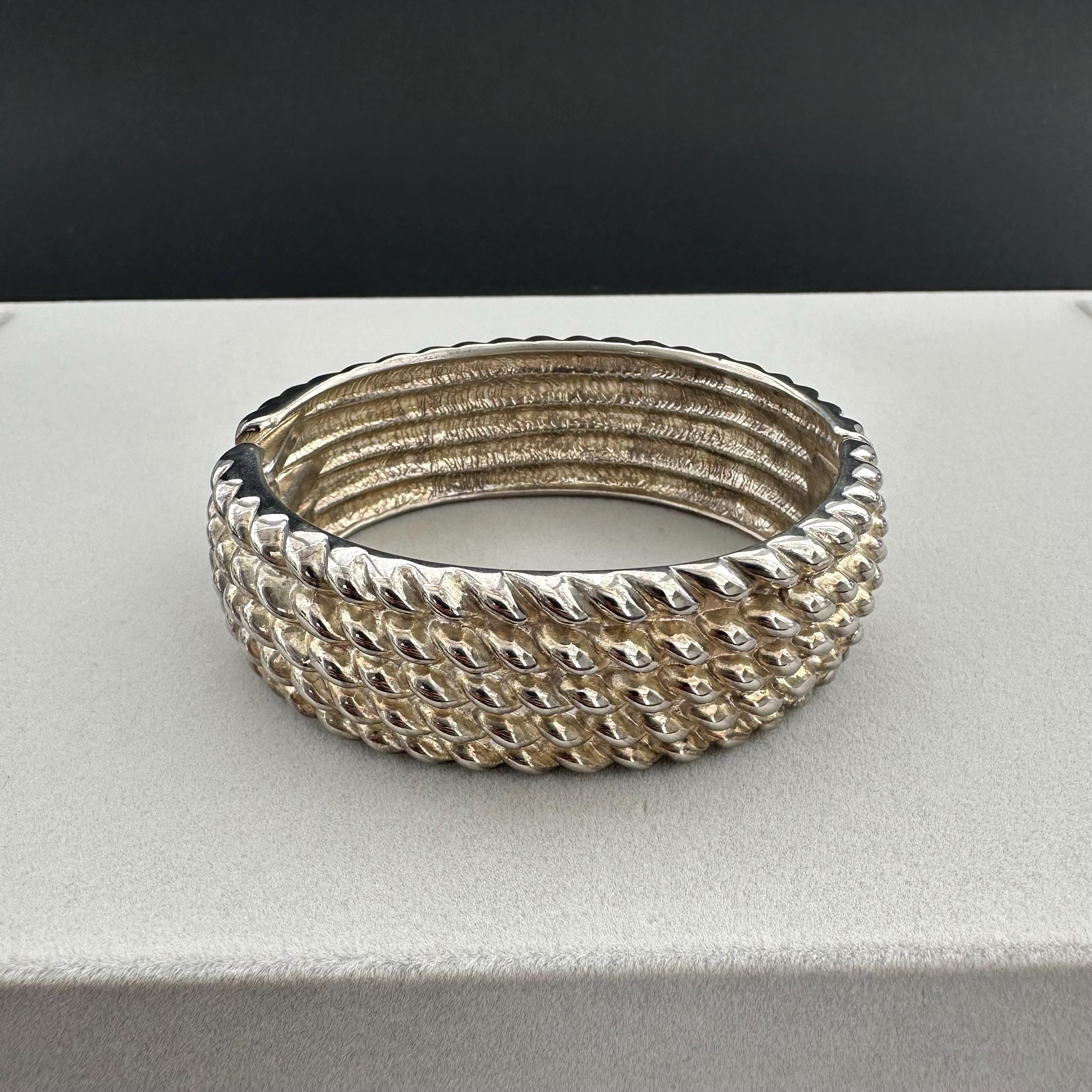 Vintage wide silver-tone textured hinged bangle