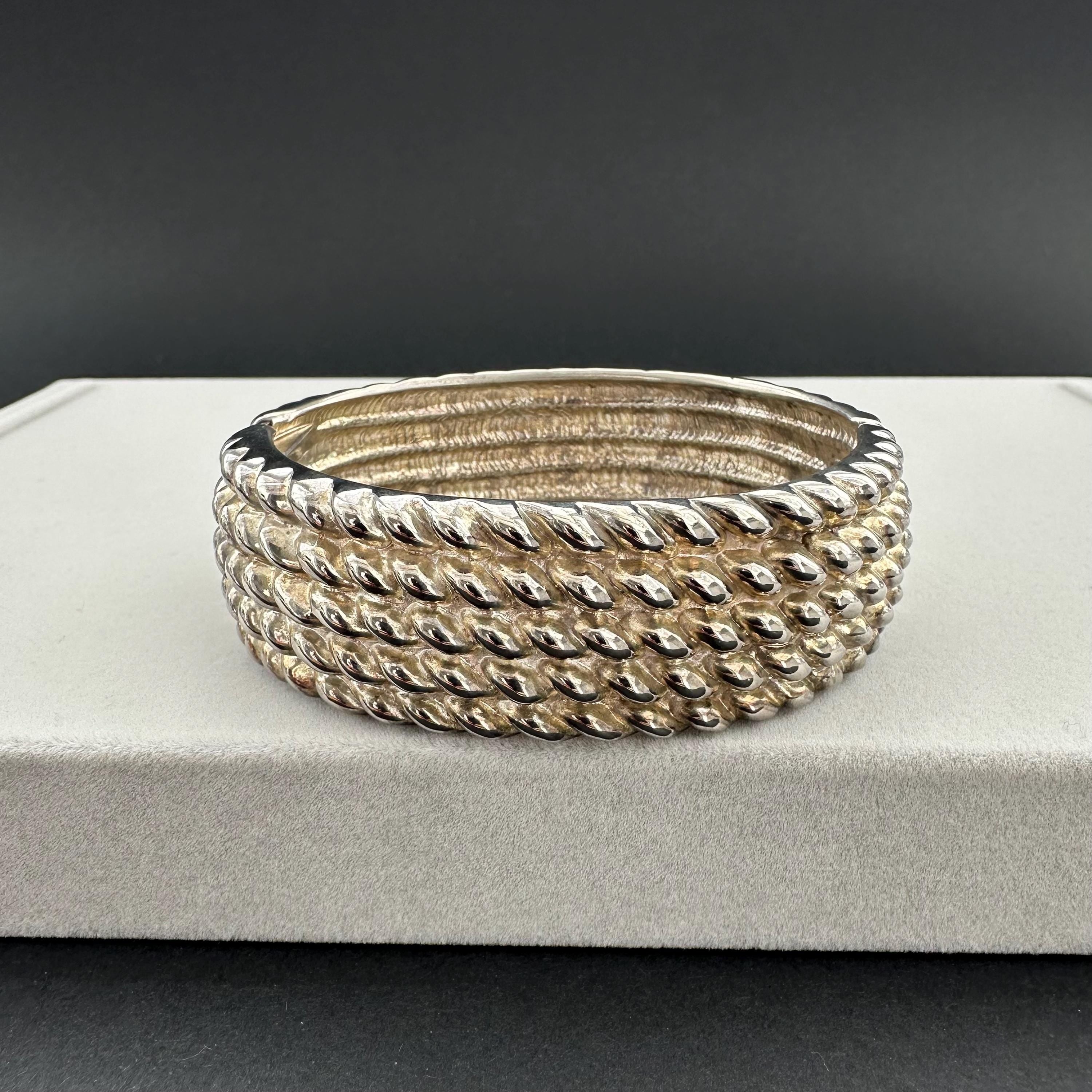 Vintage wide silver-tone textured hinged bangle