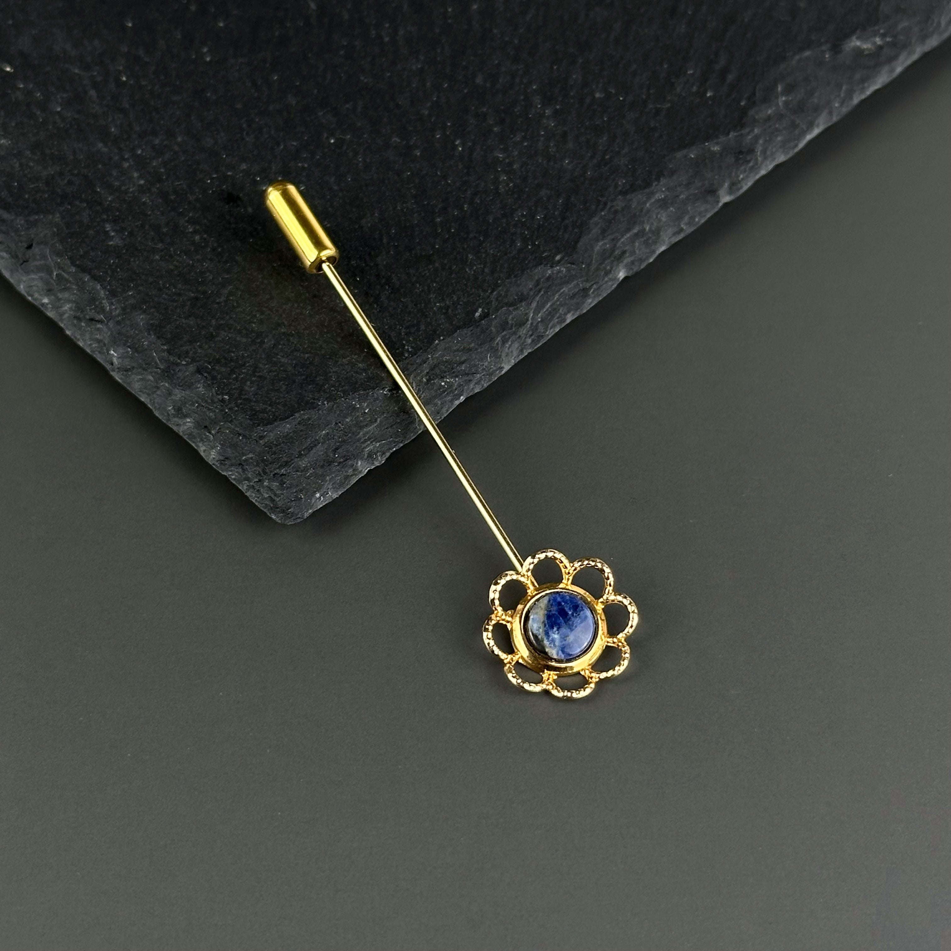 Vintage gold-tone and blue lapis lazuli floral stick pin