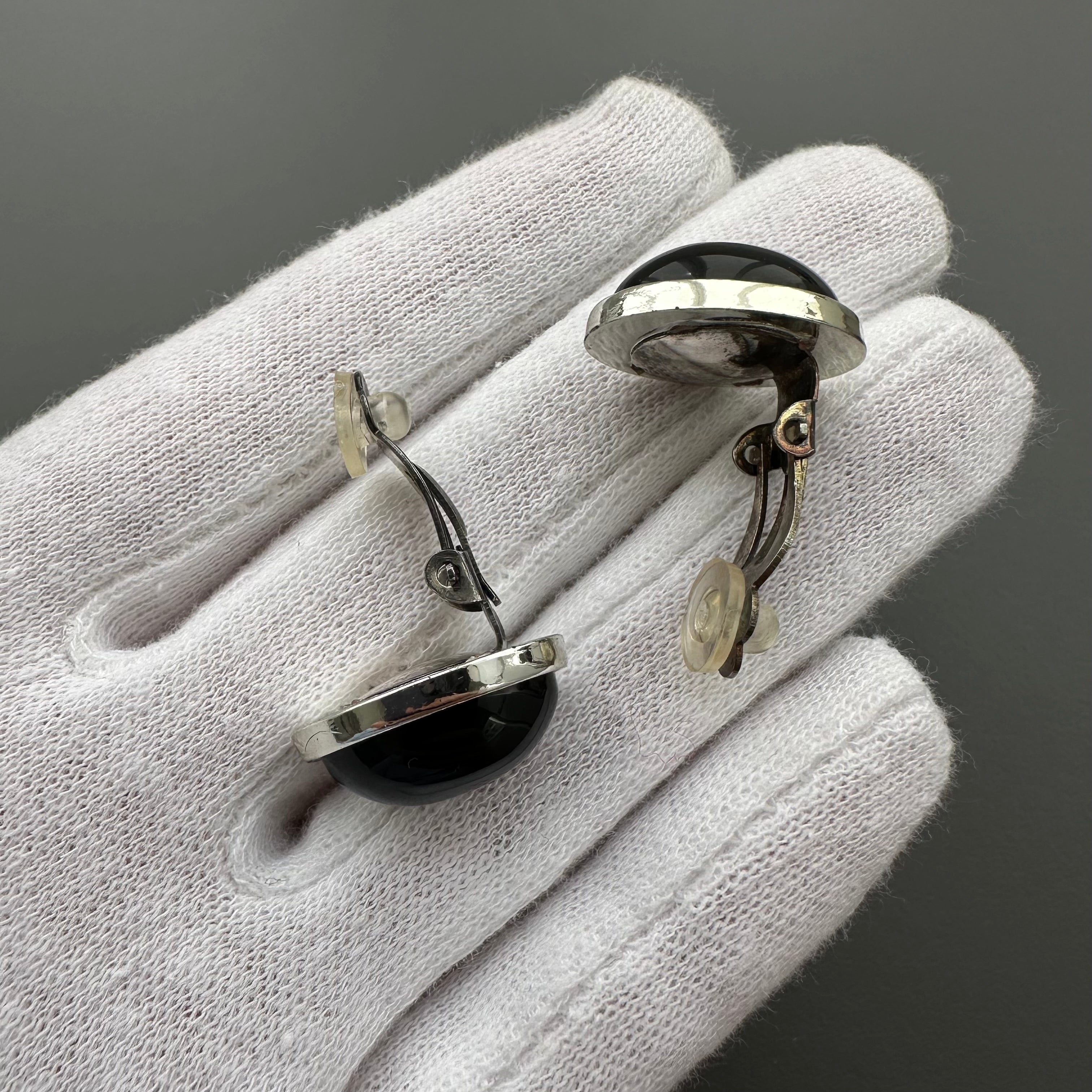 Vintage silver tone and black oval clip on earrings