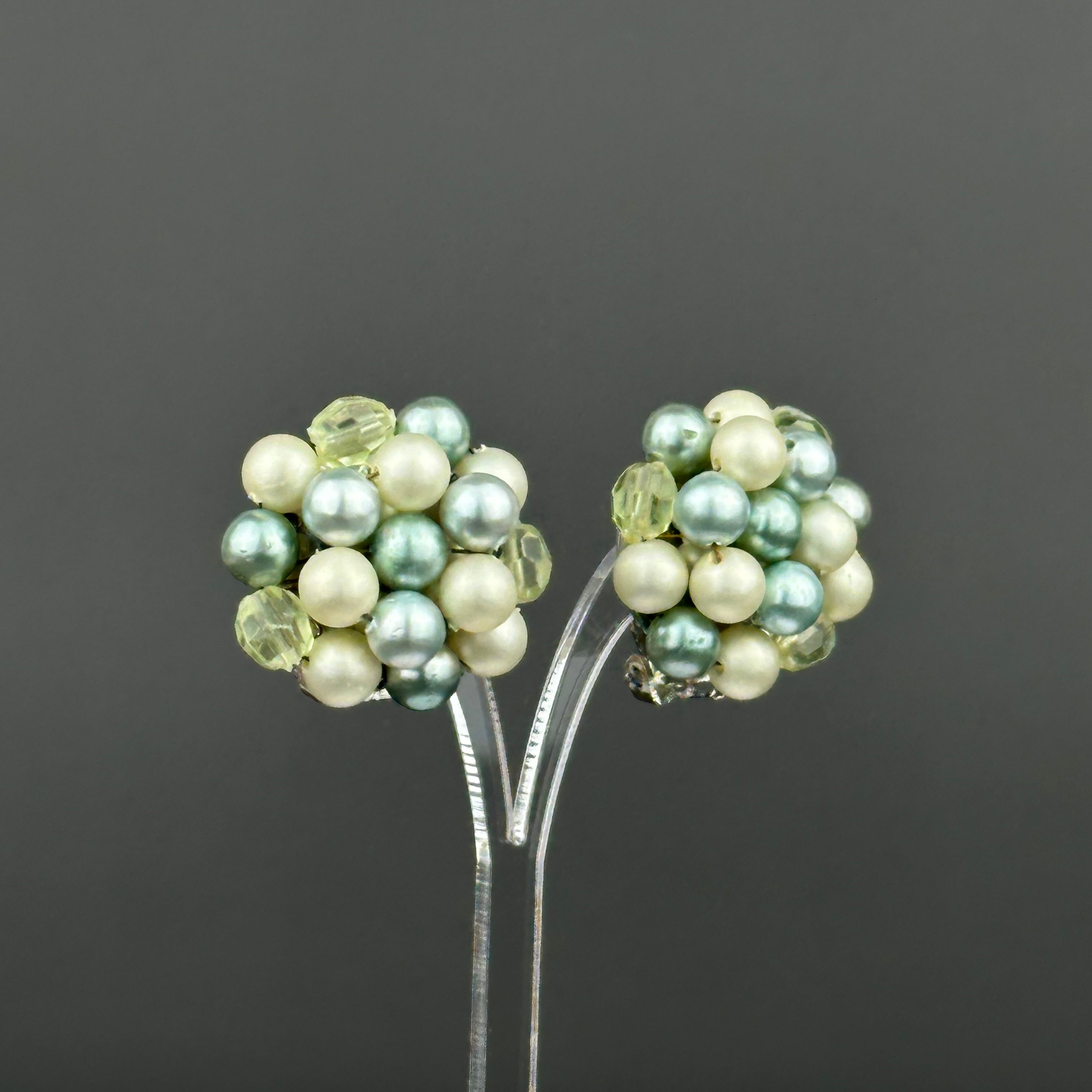 Vintage Japan mint green & light green beaded clip on earrings