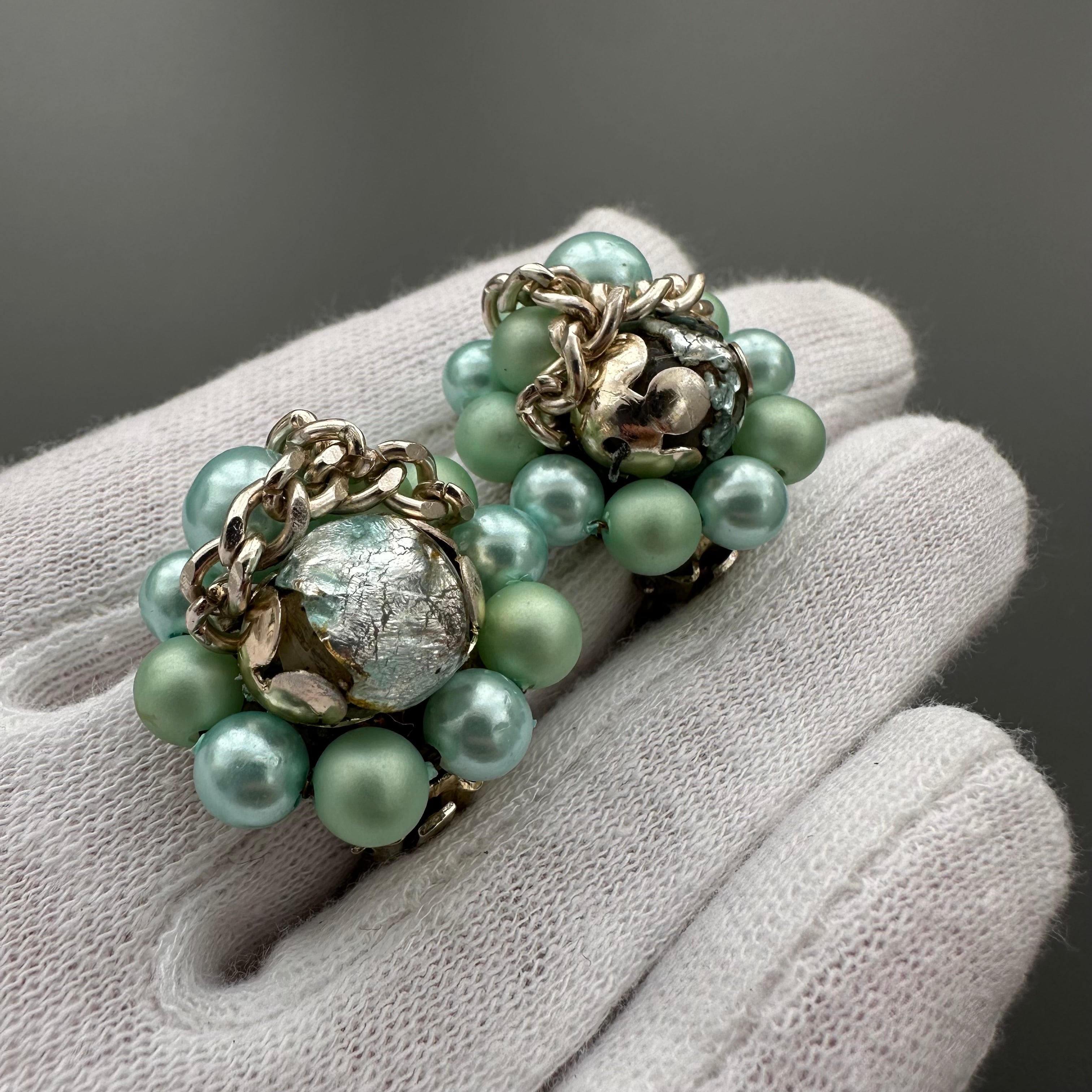 Vintage Japan mint green & gold beaded clip on earrings