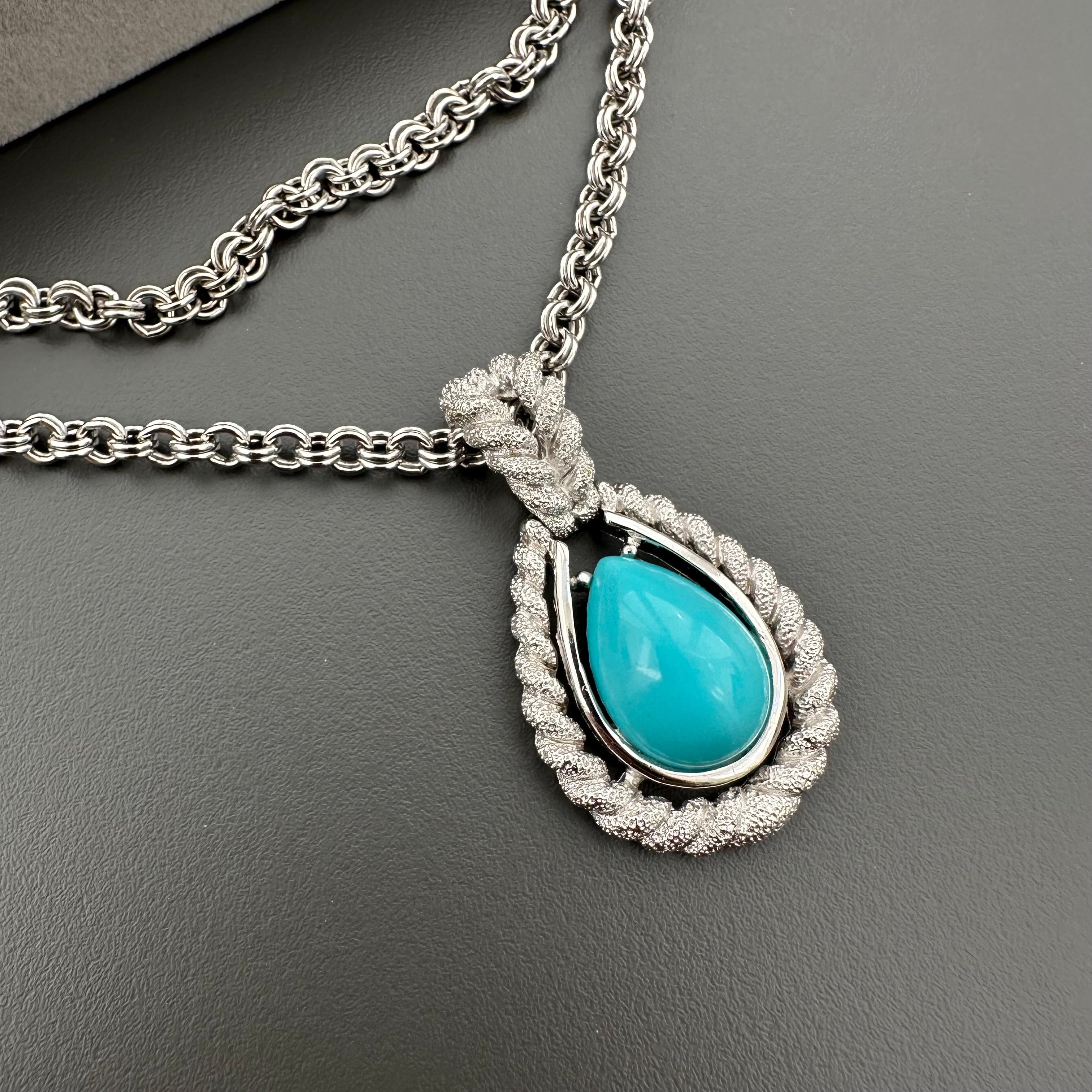 Vintage AVON silver tone double chain necklace with turquoise teardrop pendant