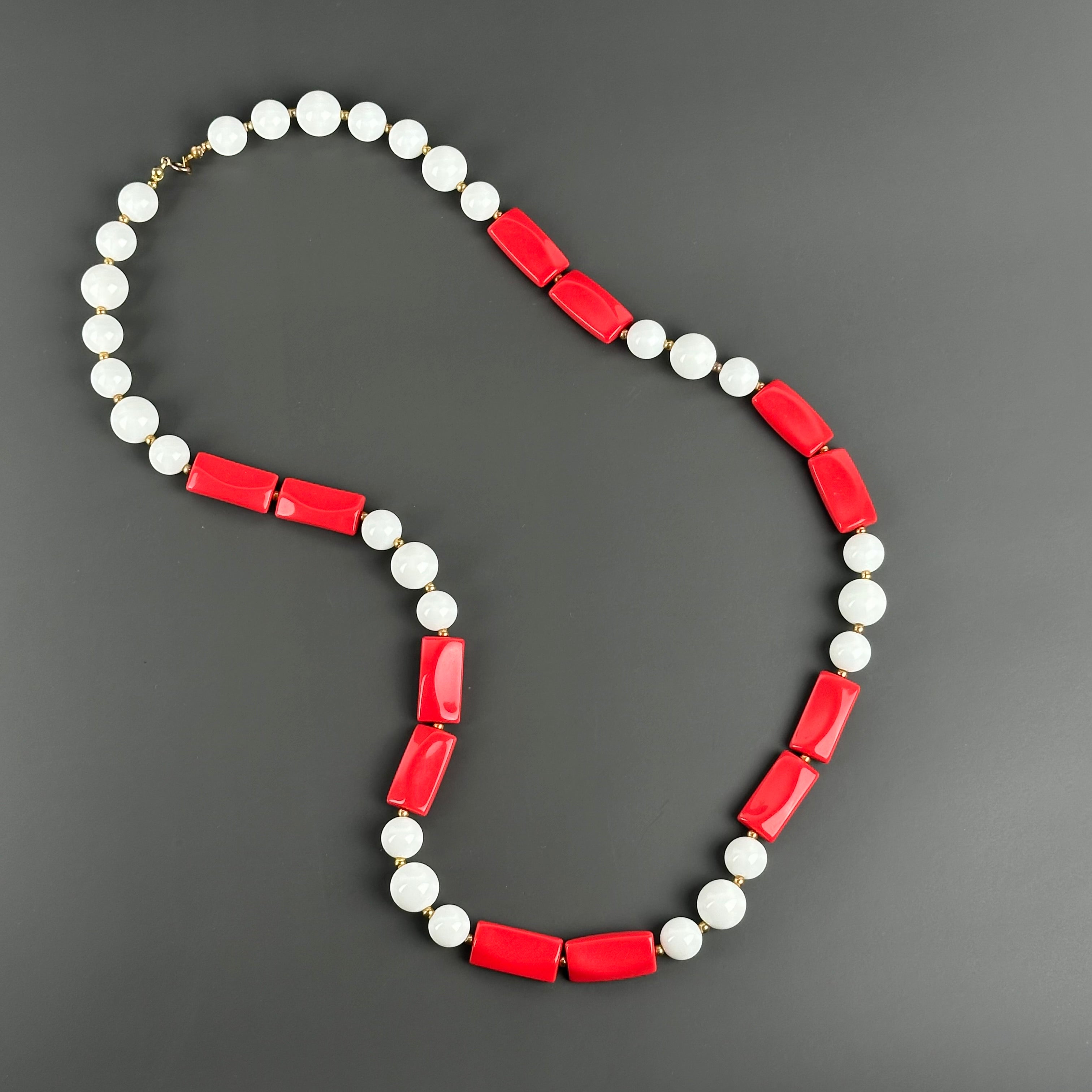 Vintage red and white plastic bead necklace