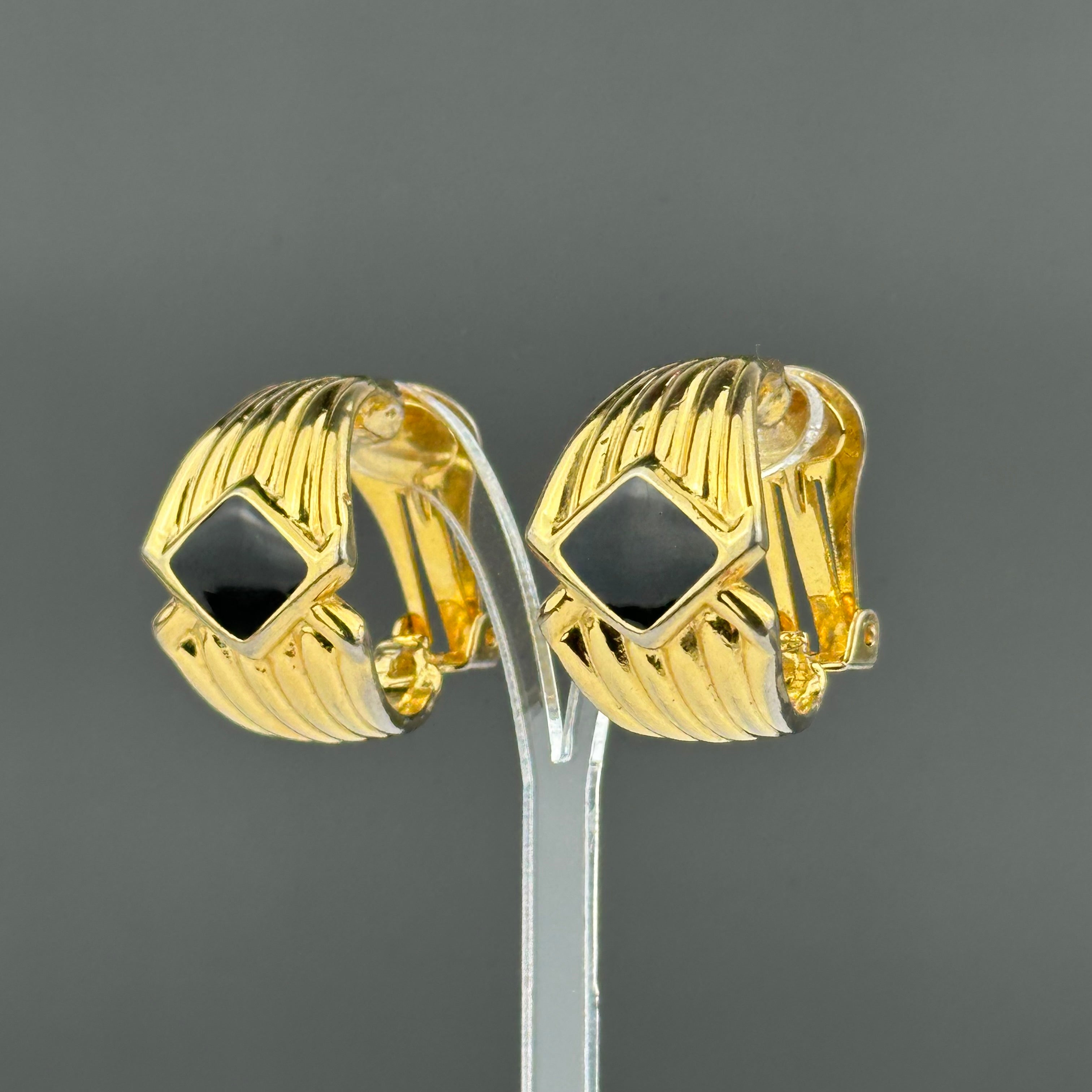 Vintage gold-tone and black textured hoop clip-on earrings