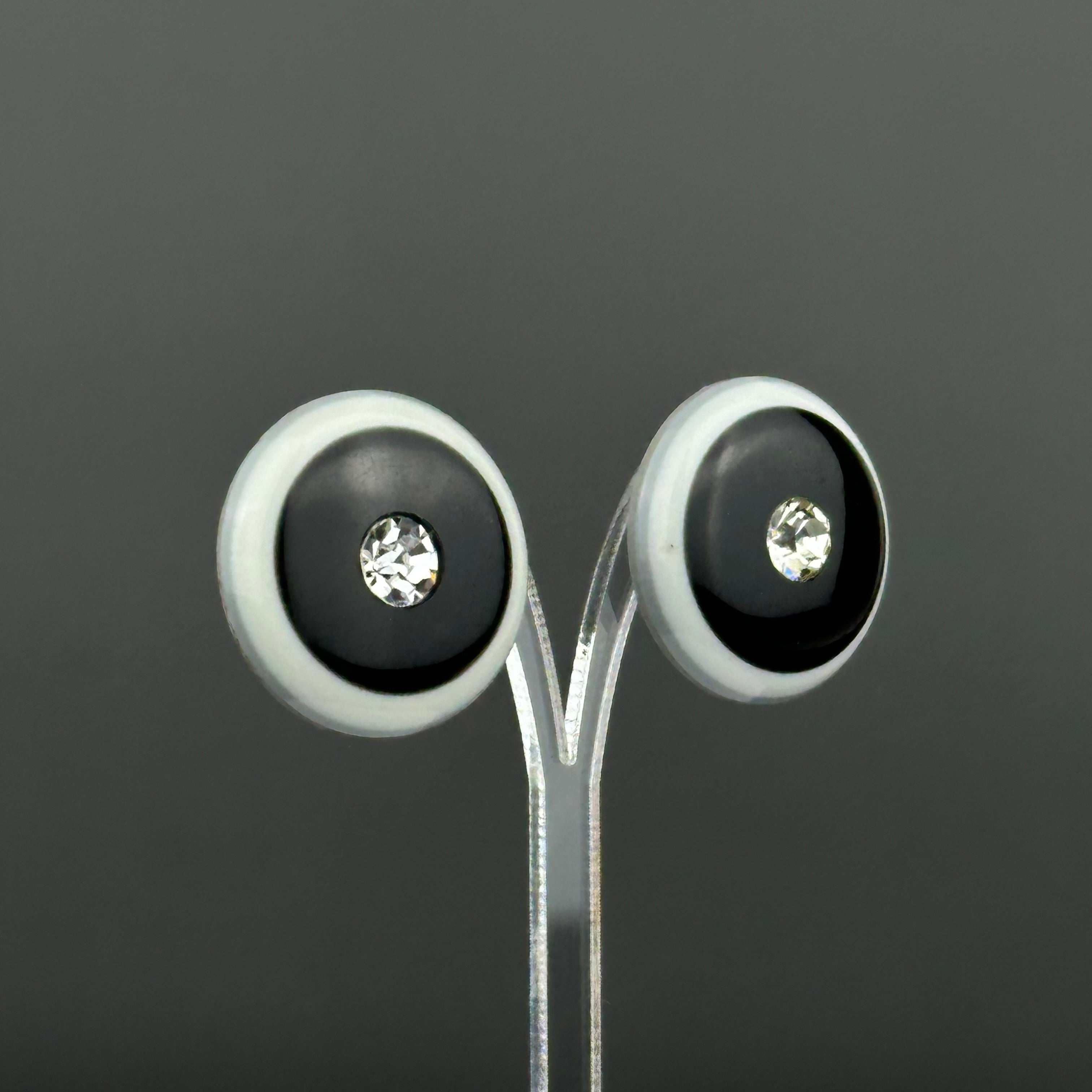 Vintage grey & black plastic round clip on earrings with clear crystal