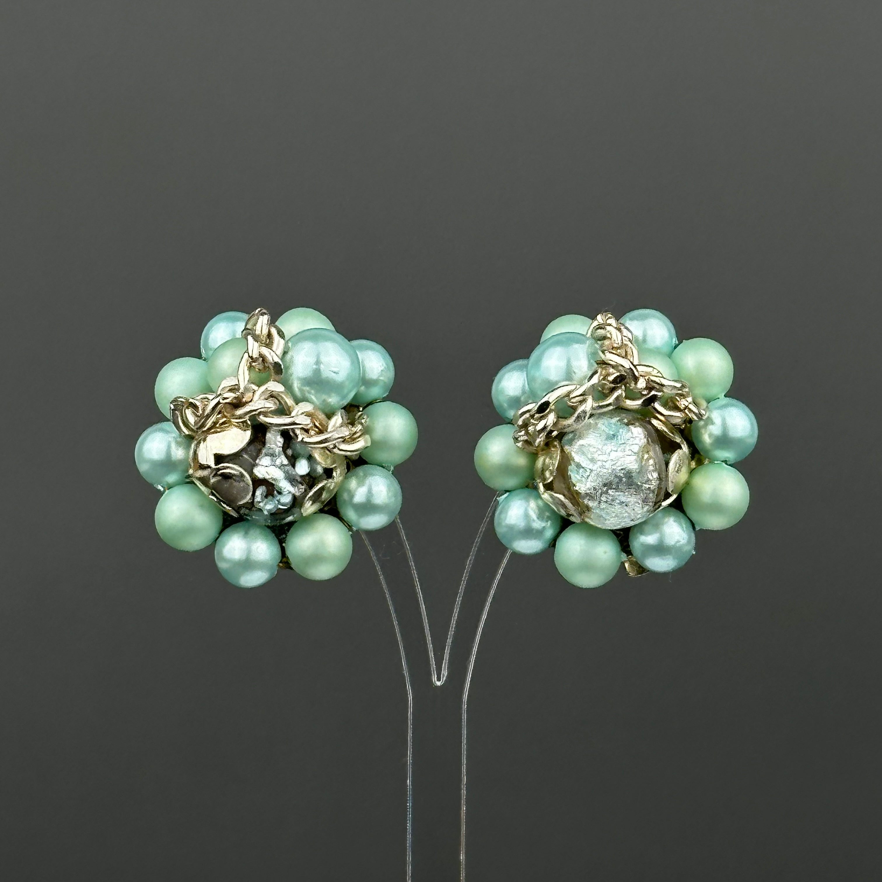 Vintage Japan mint green & gold beaded clip on earrings