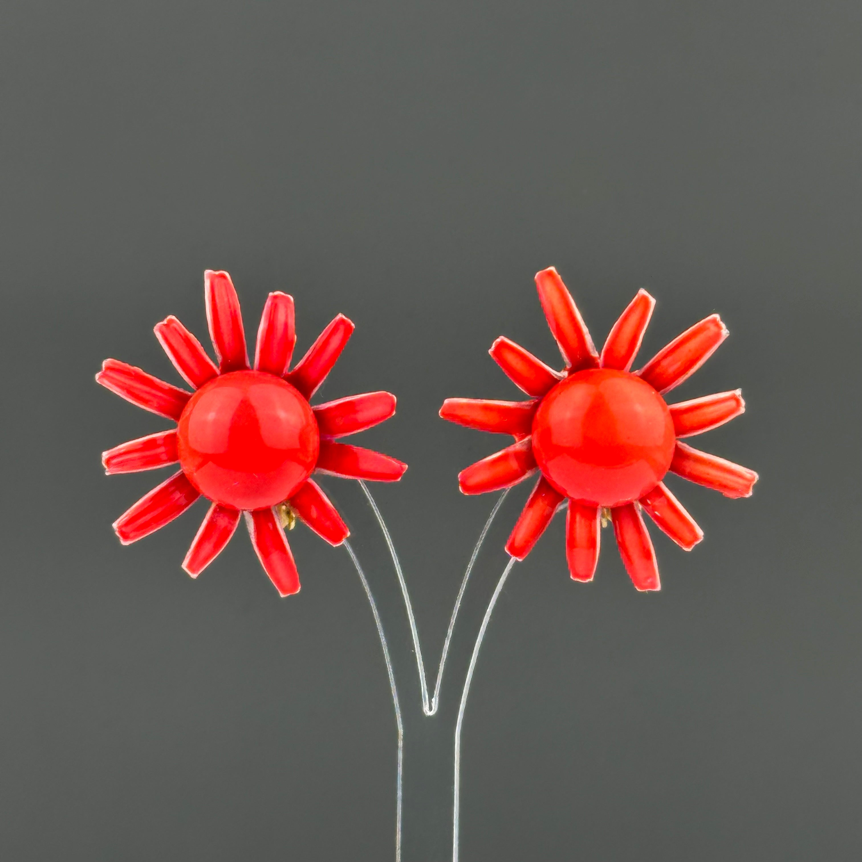 Vintage red enamel flower clip-on earrings