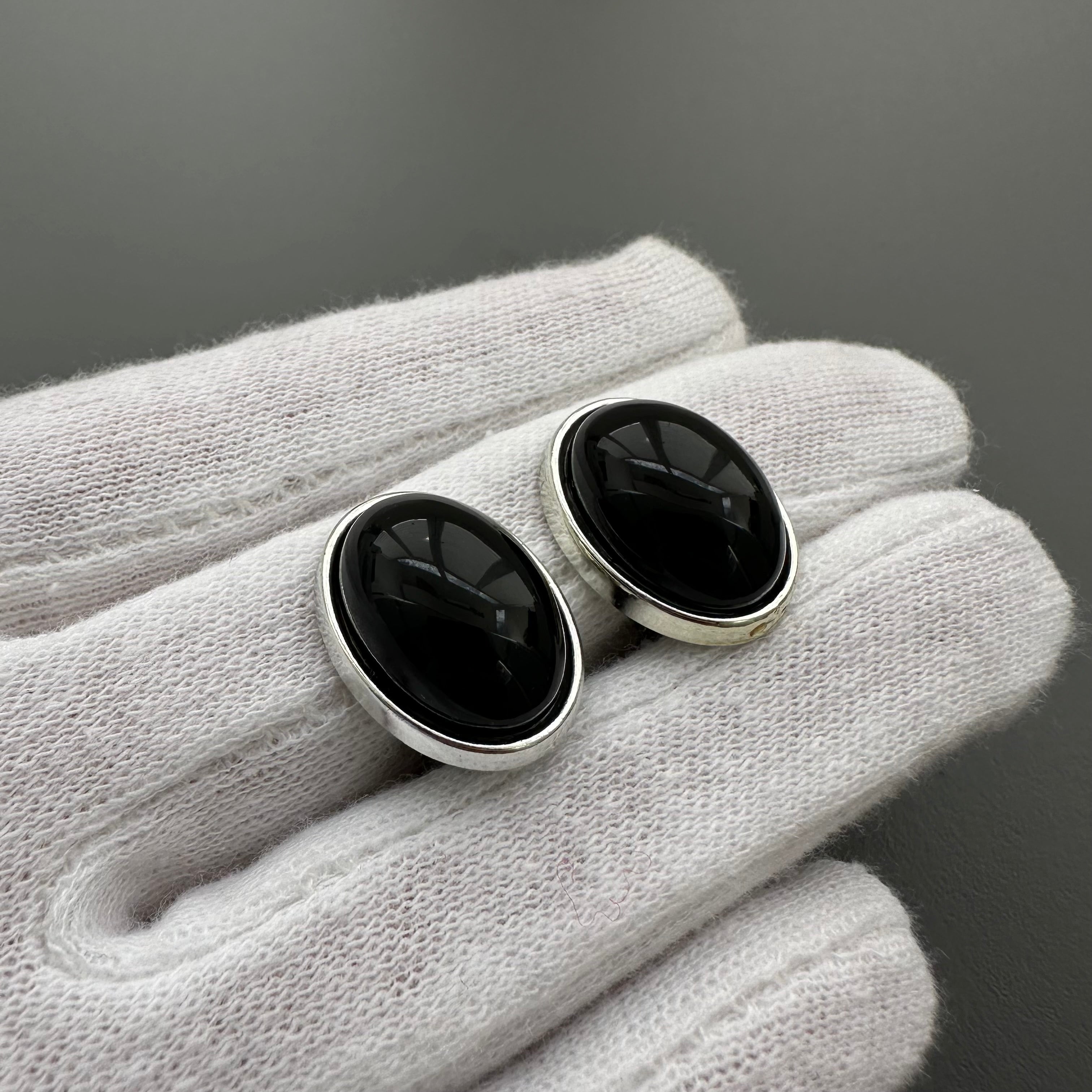Vintage silver tone and black oval clip on earrings