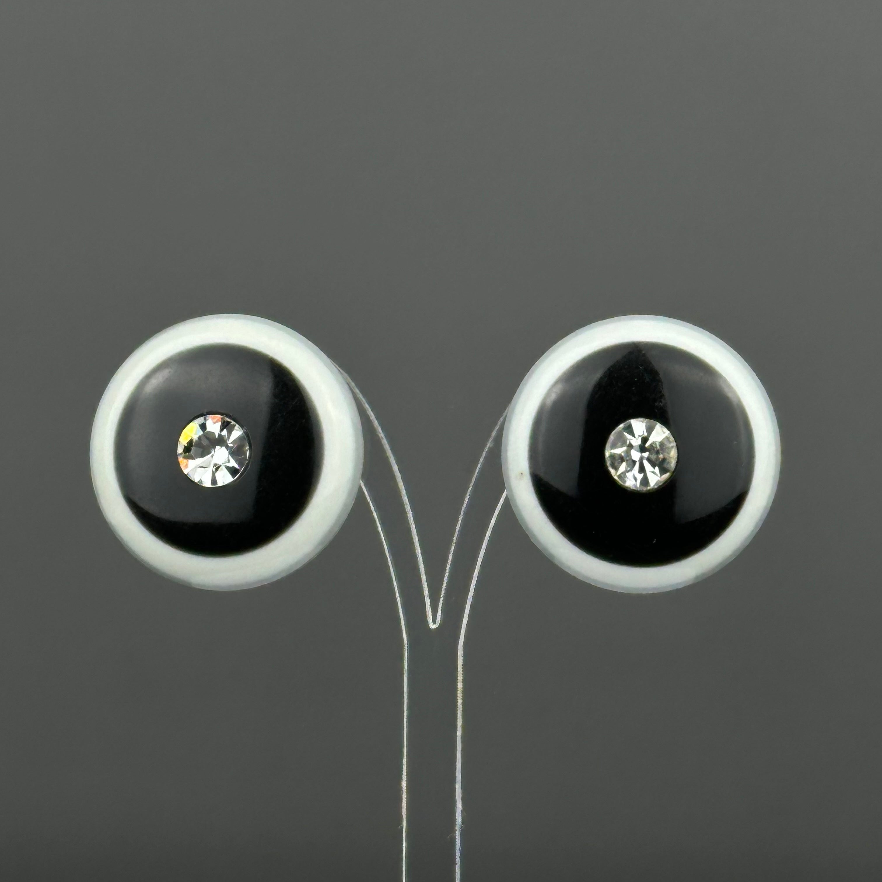 Vintage grey & black plastic round clip on earrings with clear crystal