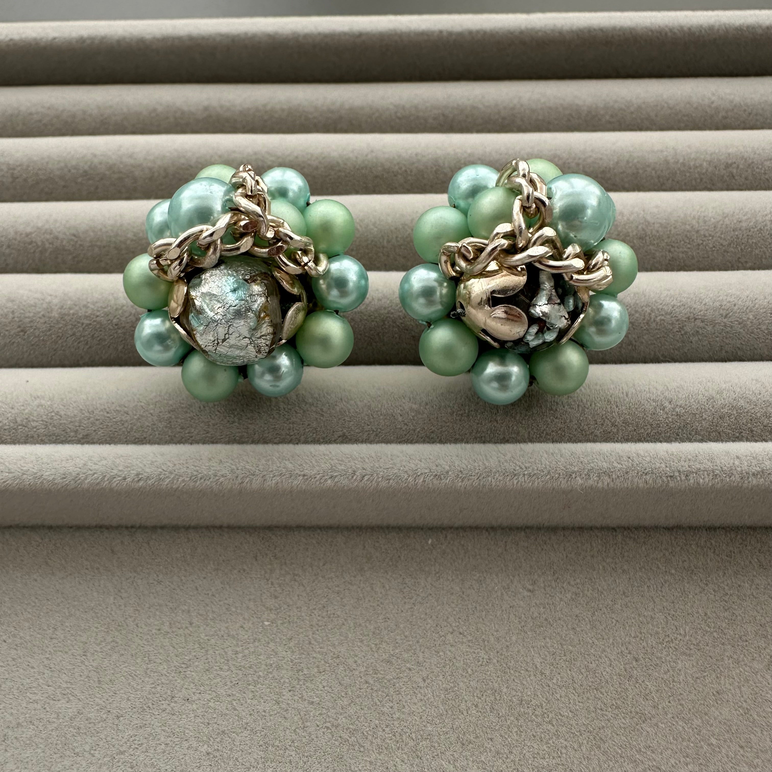 Vintage Japan mint green & gold beaded clip on earrings