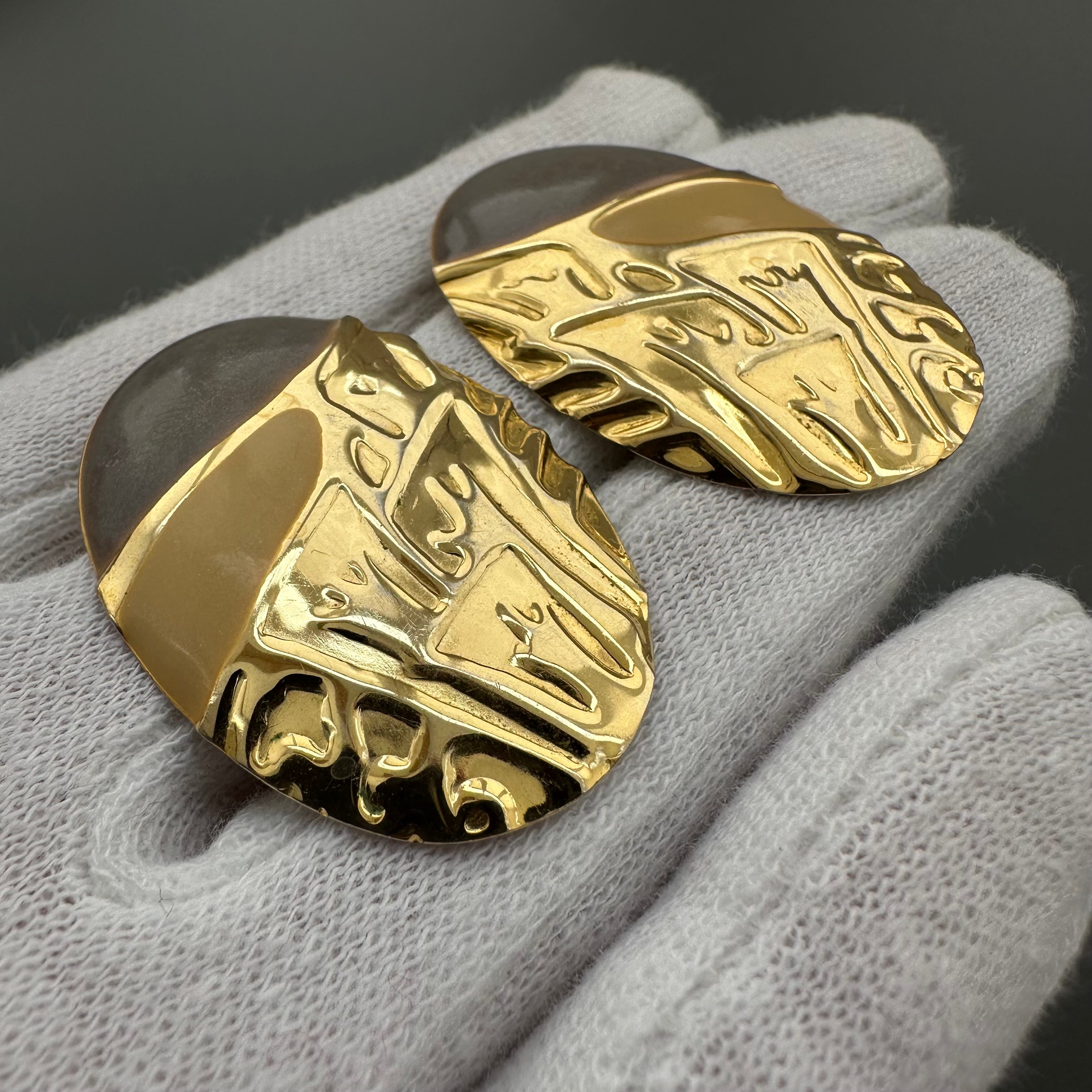 Vintage gold tone and grey enamel oval stud earrings