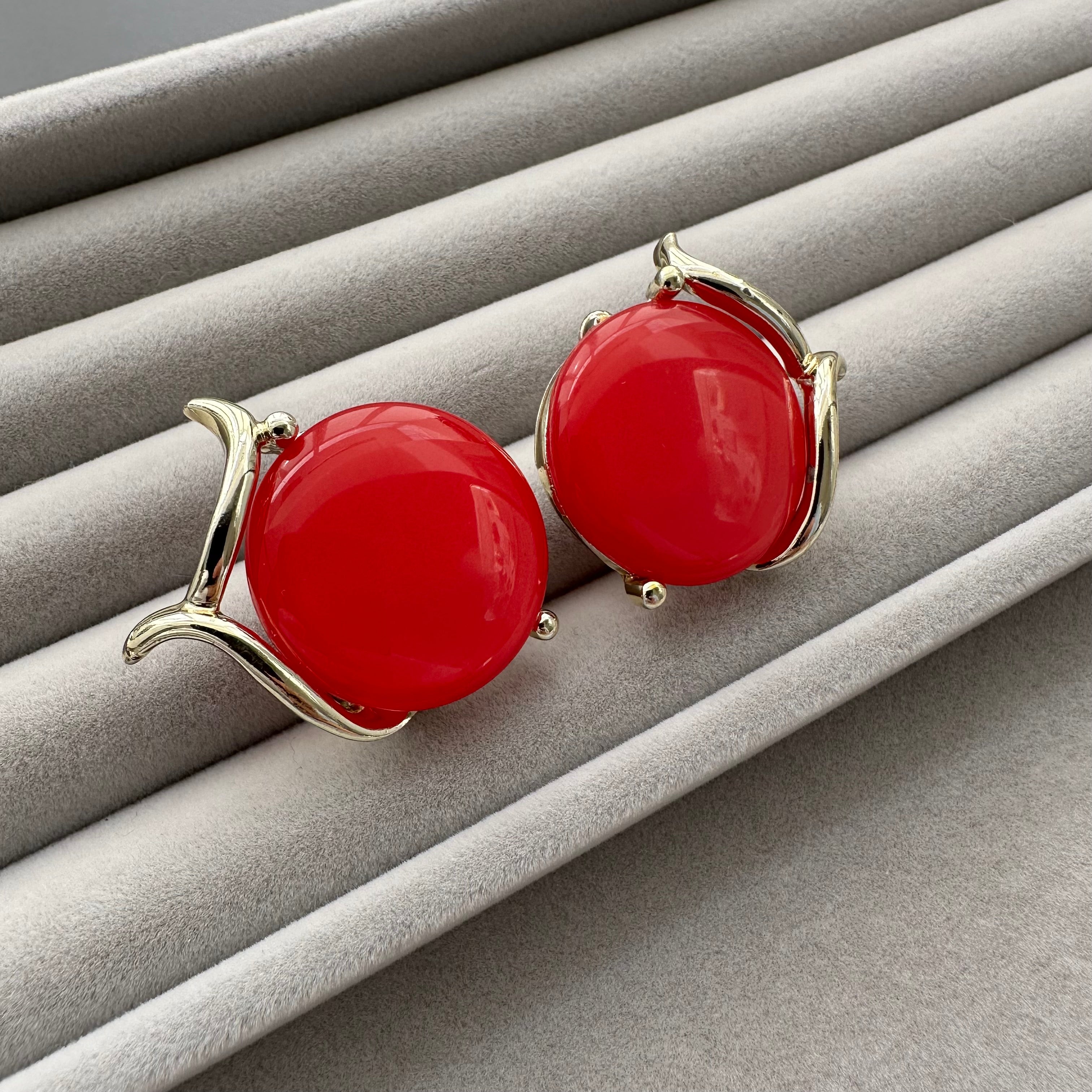 Vintage gold-tone and red lucite clip-on earrings