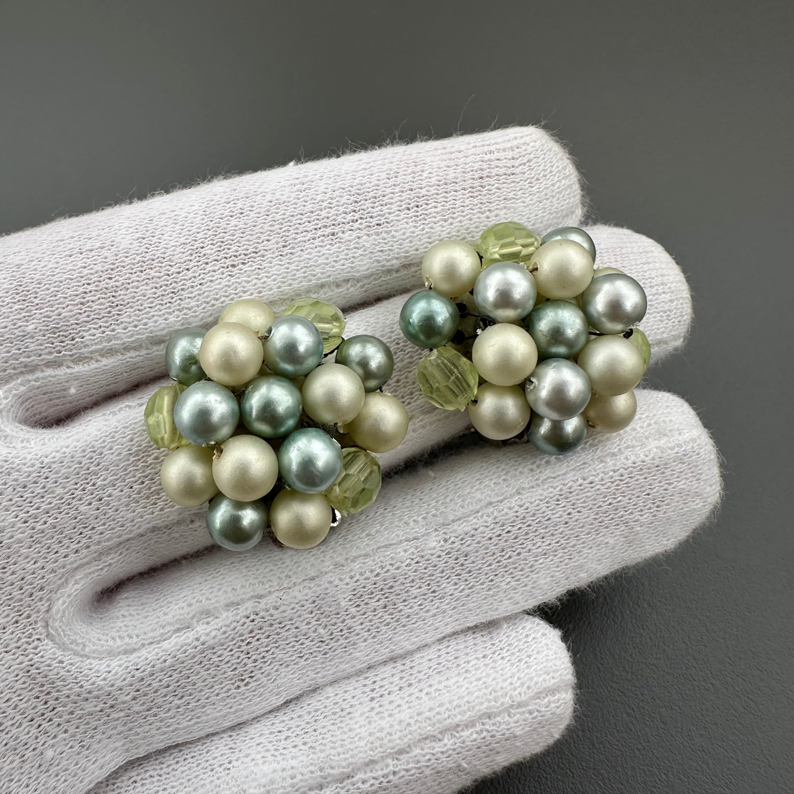 Vintage Japan mint green & light green beaded clip on earrings