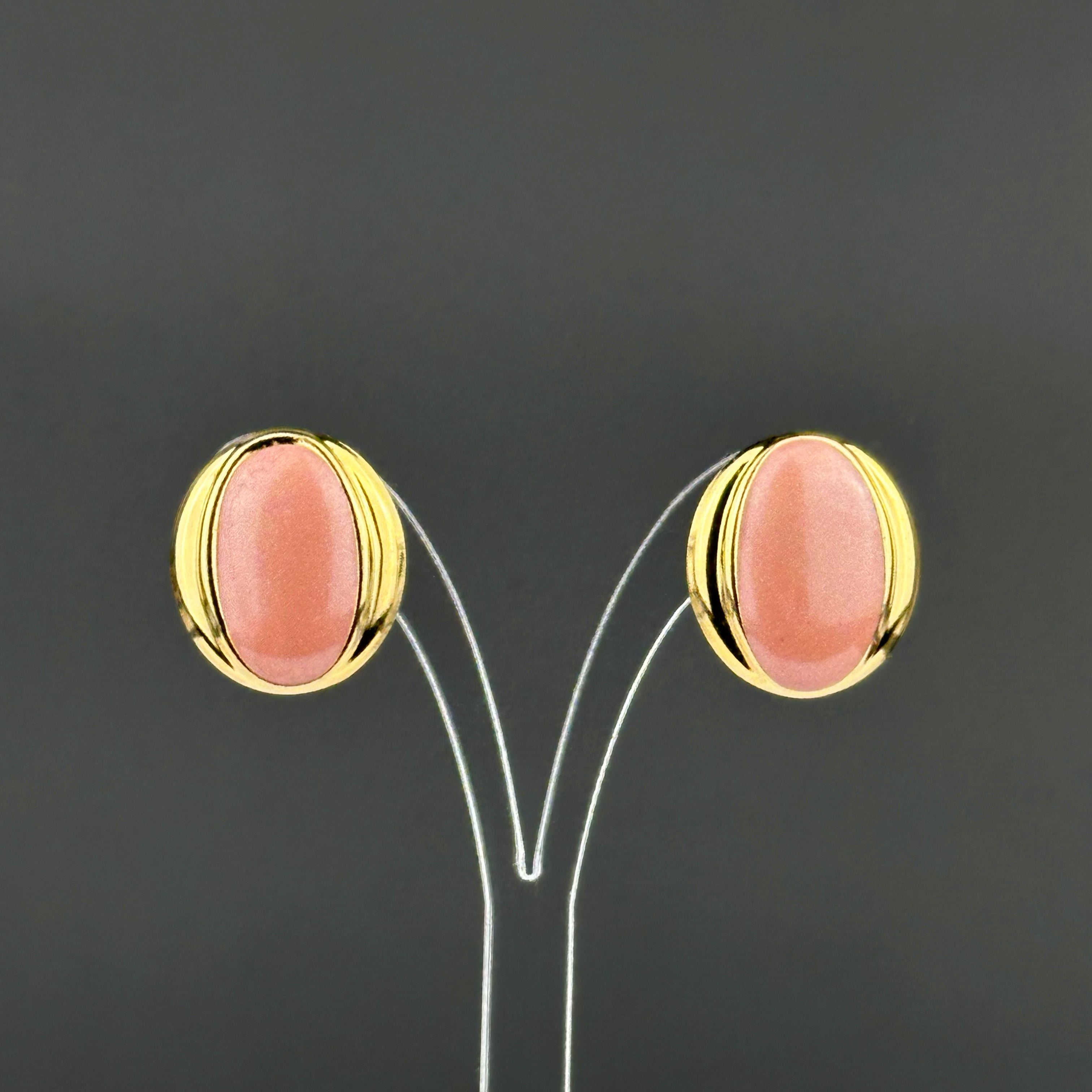 Vintage gold tone and pink enamel oval stud earrings