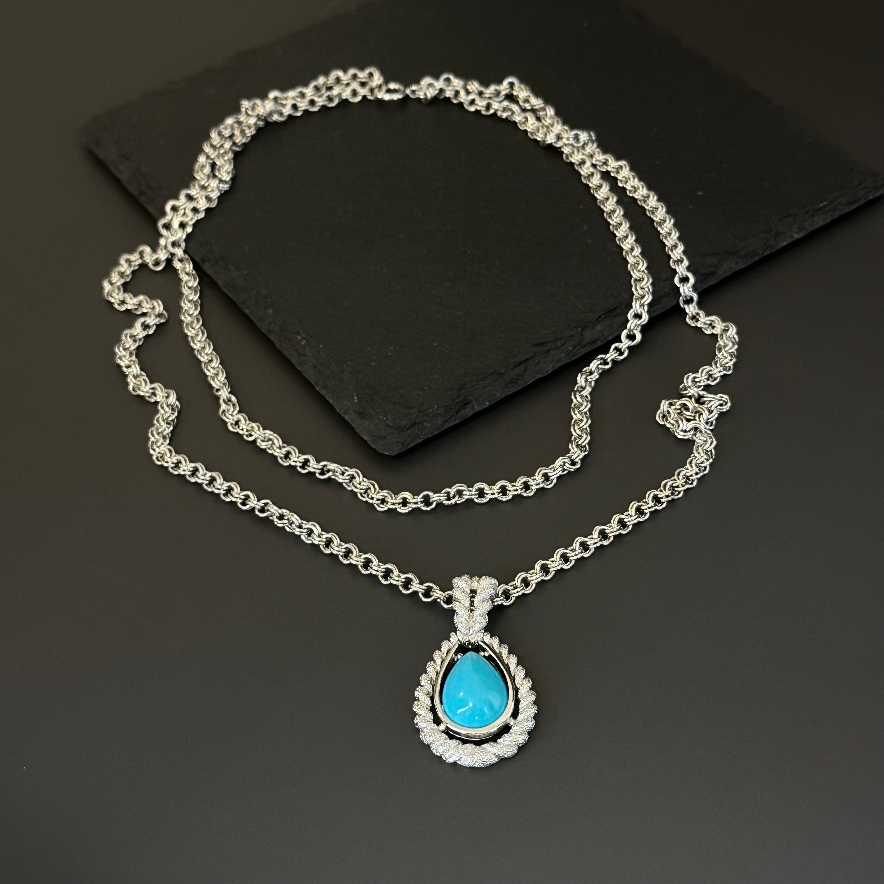 Vintage AVON silver tone double chain necklace with turquoise teardrop pendant