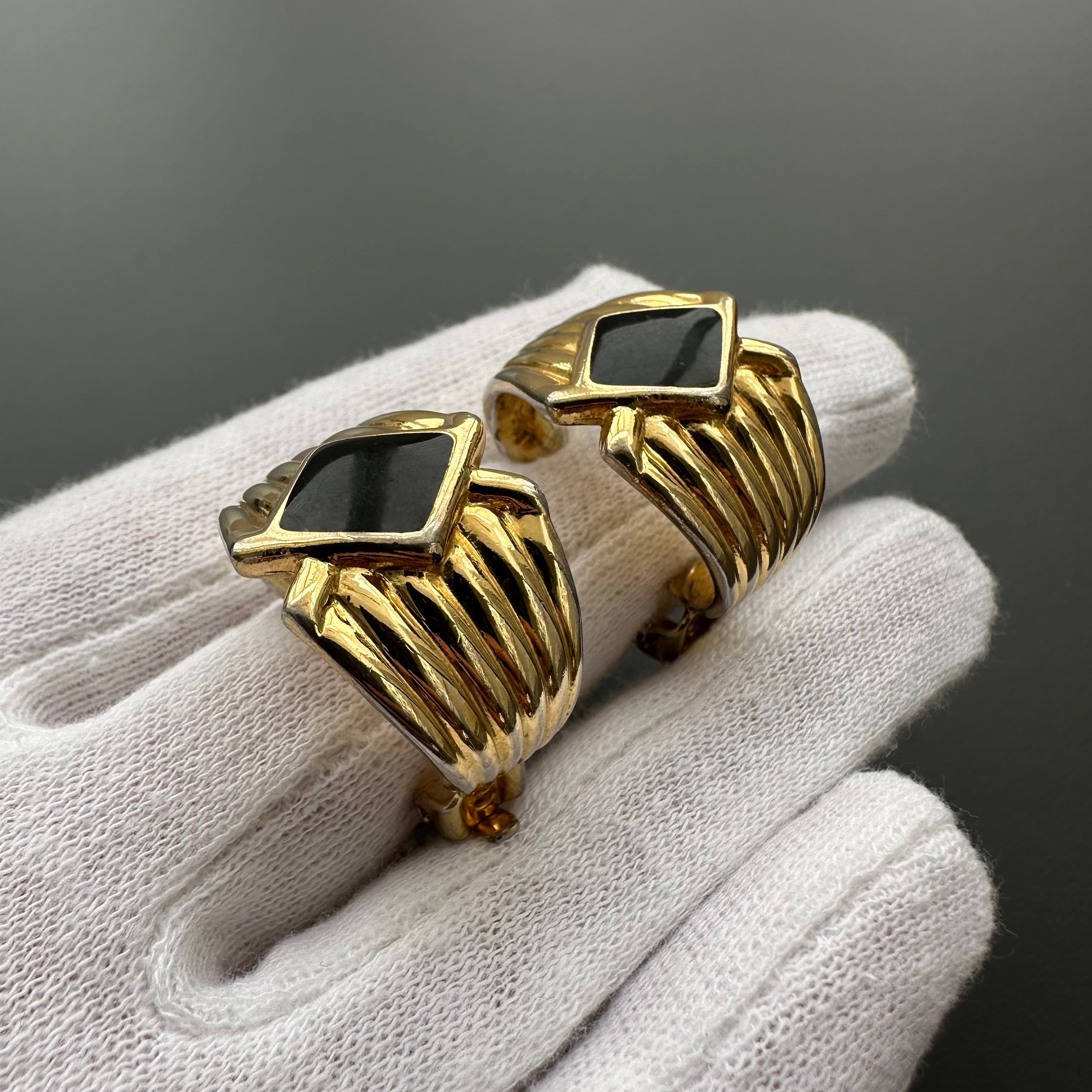 Vintage gold-tone and black textured hoop clip-on earrings