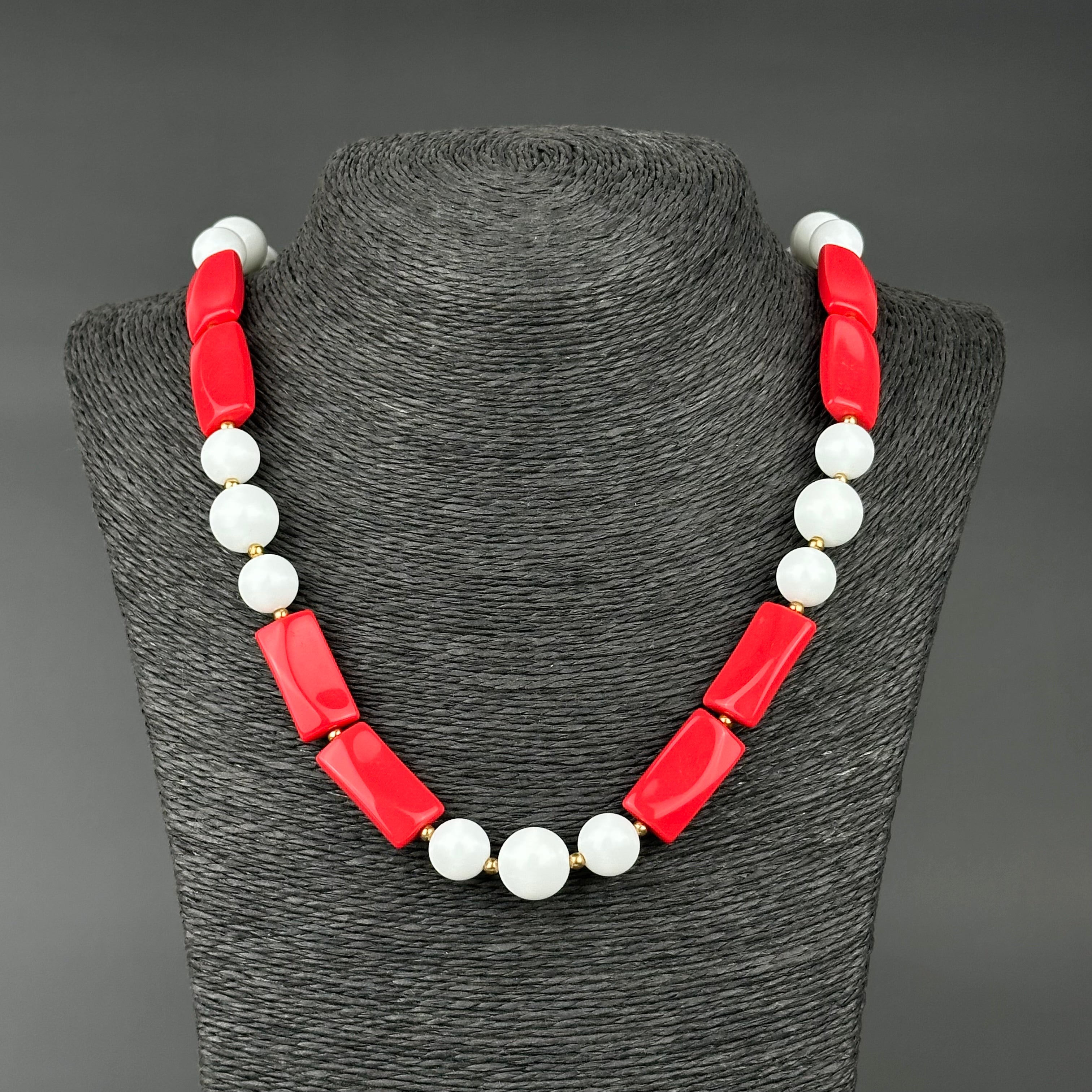 Vintage red and white plastic bead necklace