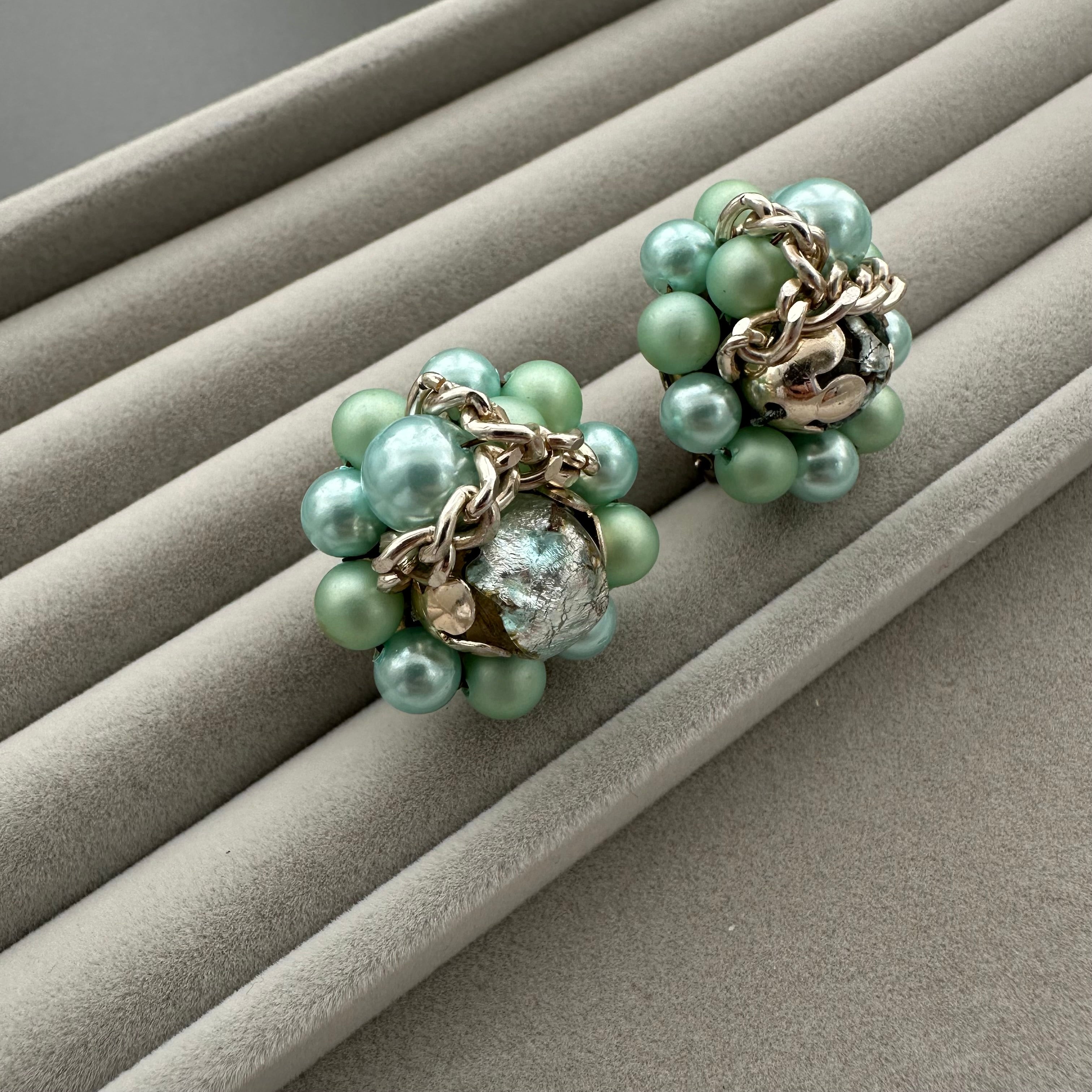 Vintage Japan mint green & gold beaded clip on earrings