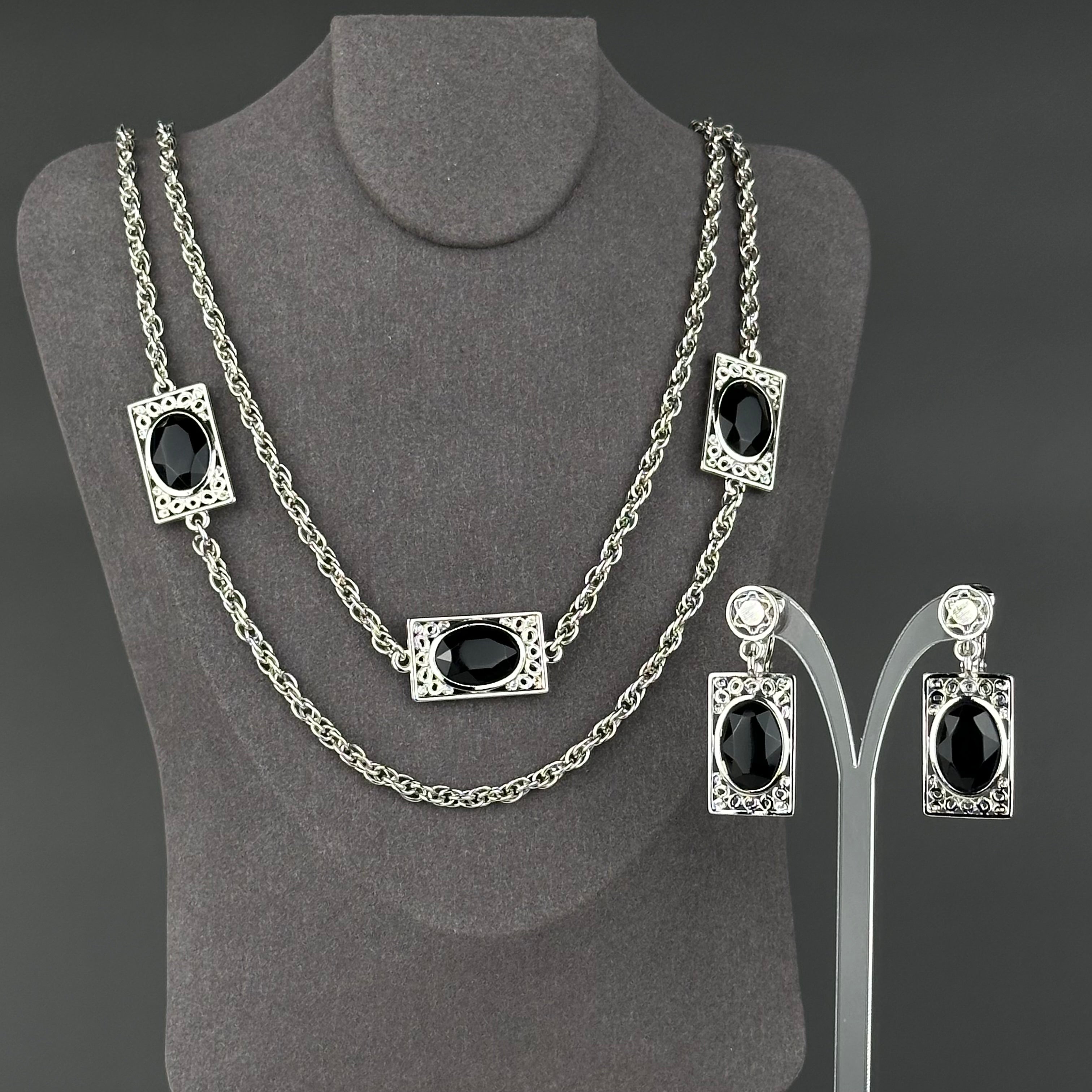 Vintage EMMONS silver tone and black necklace & clip on earrings set